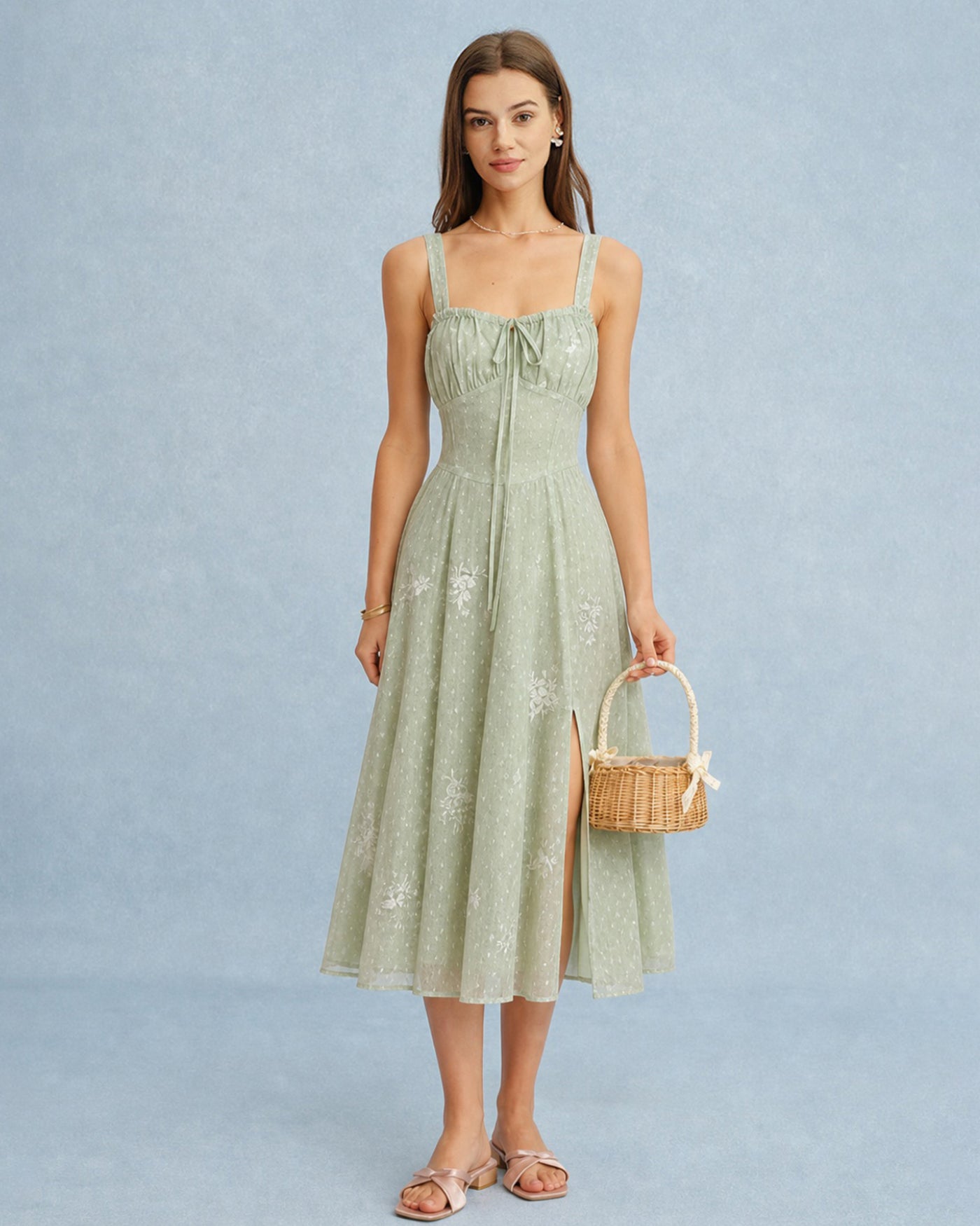 Green Jacquard Slip A-Line Midi Dress