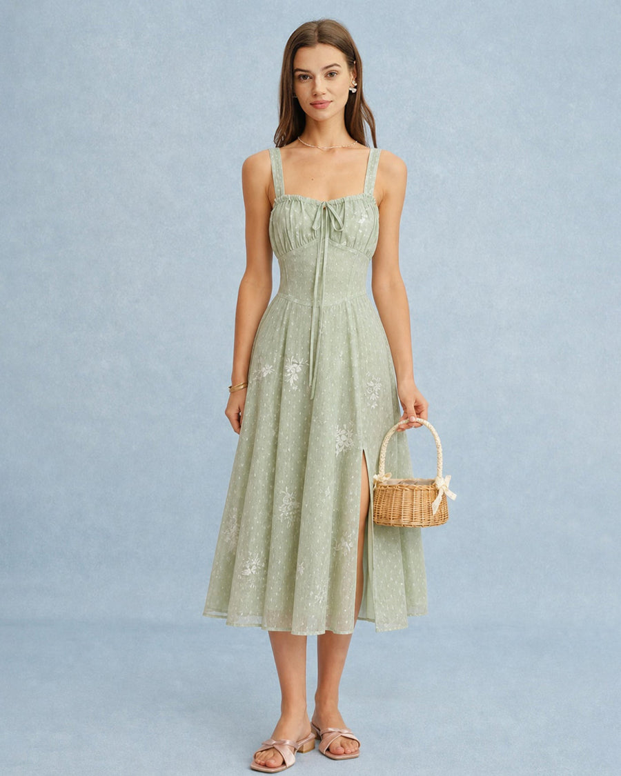 Green Jacquard Slip A-Line Midi Dress