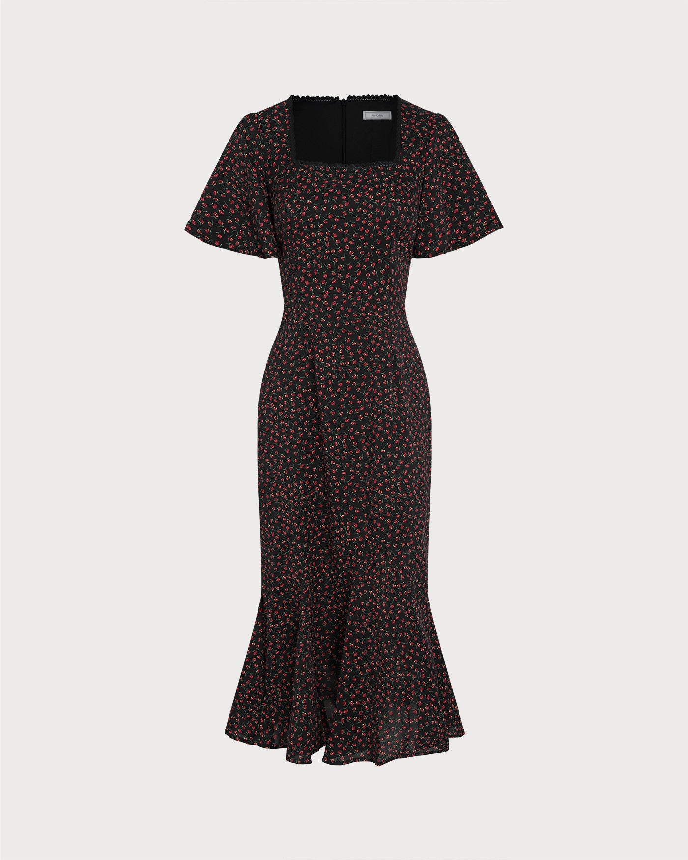 Black Square Neck Butterfly Sleeve Floral Midi Dress