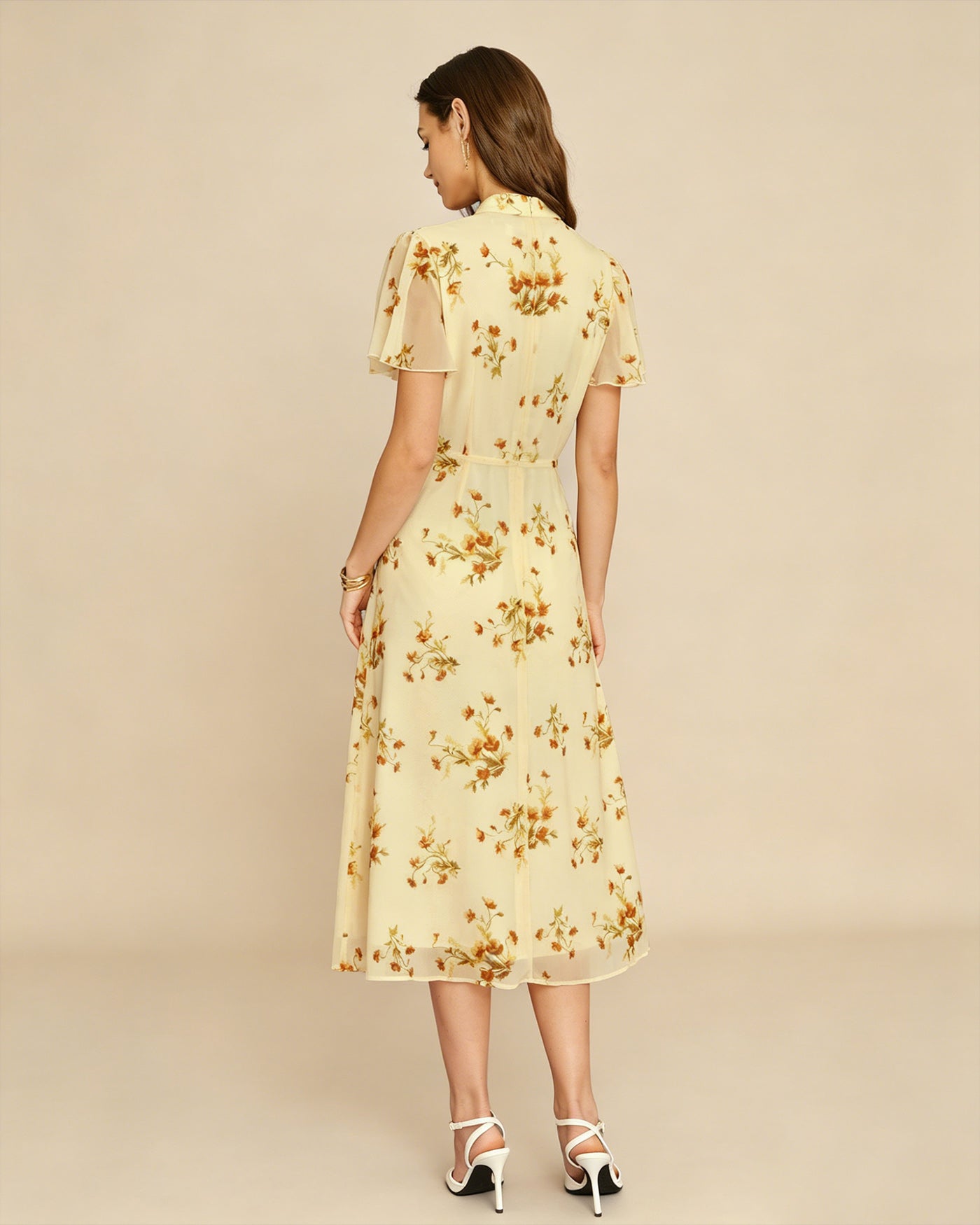 Yellow Turtle Butterfly Sleeve Floral Midi Dress