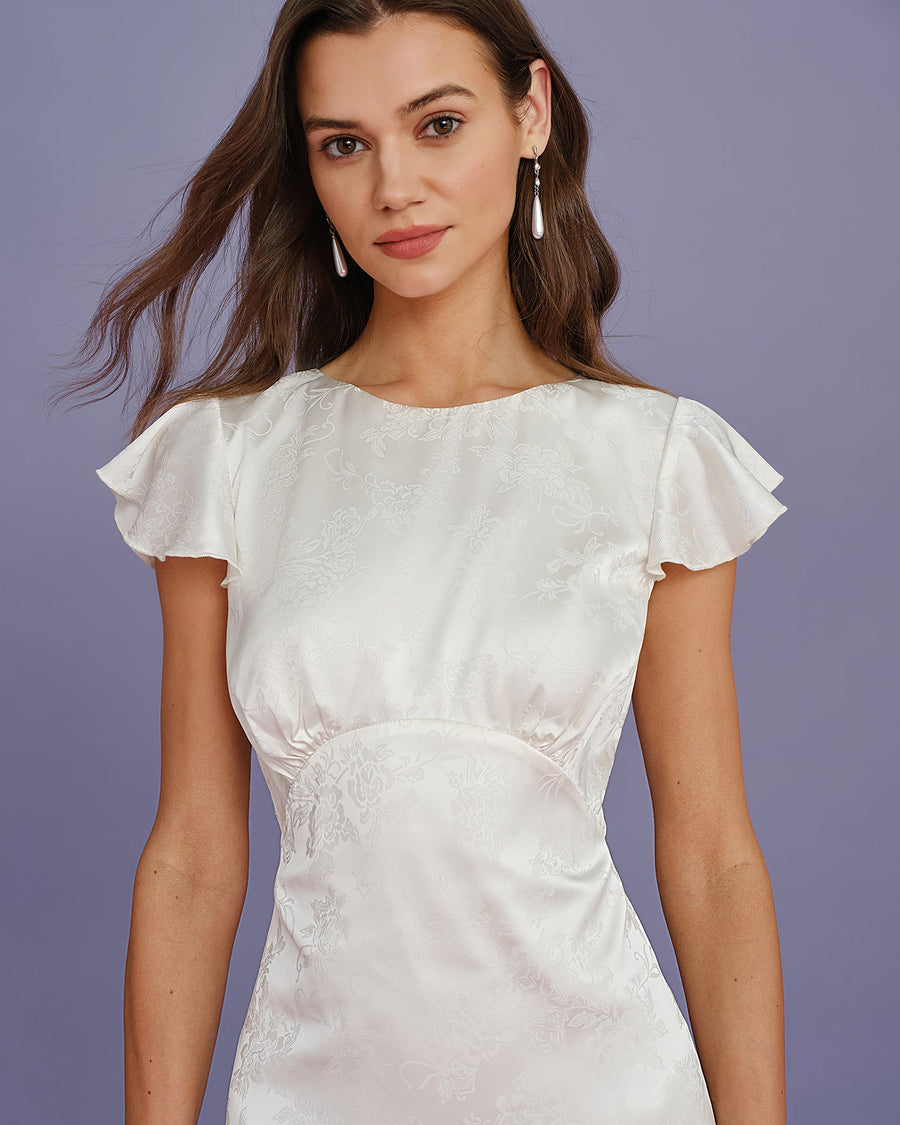 Beige Boat Neck Jacquard Ruffle Midi Dress