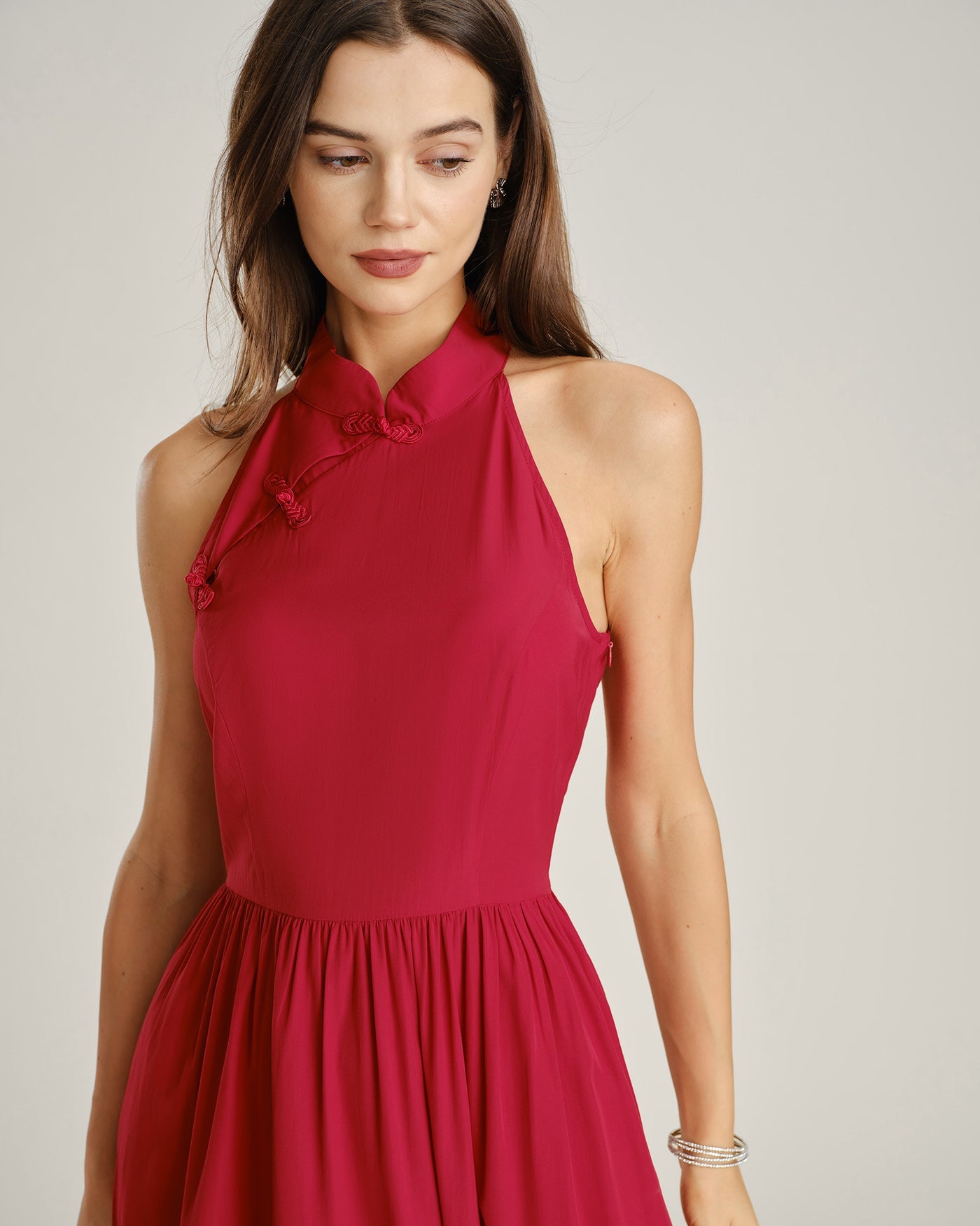 Red Mandarin Collar Pockets Midi Dress