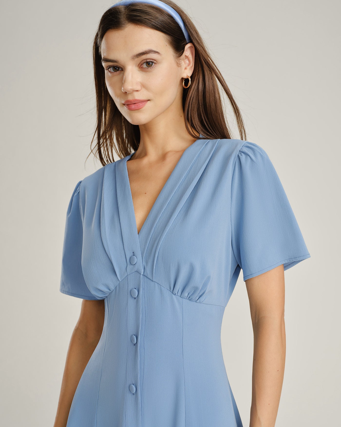 Blue V Neck Ruched Button Midi Dress