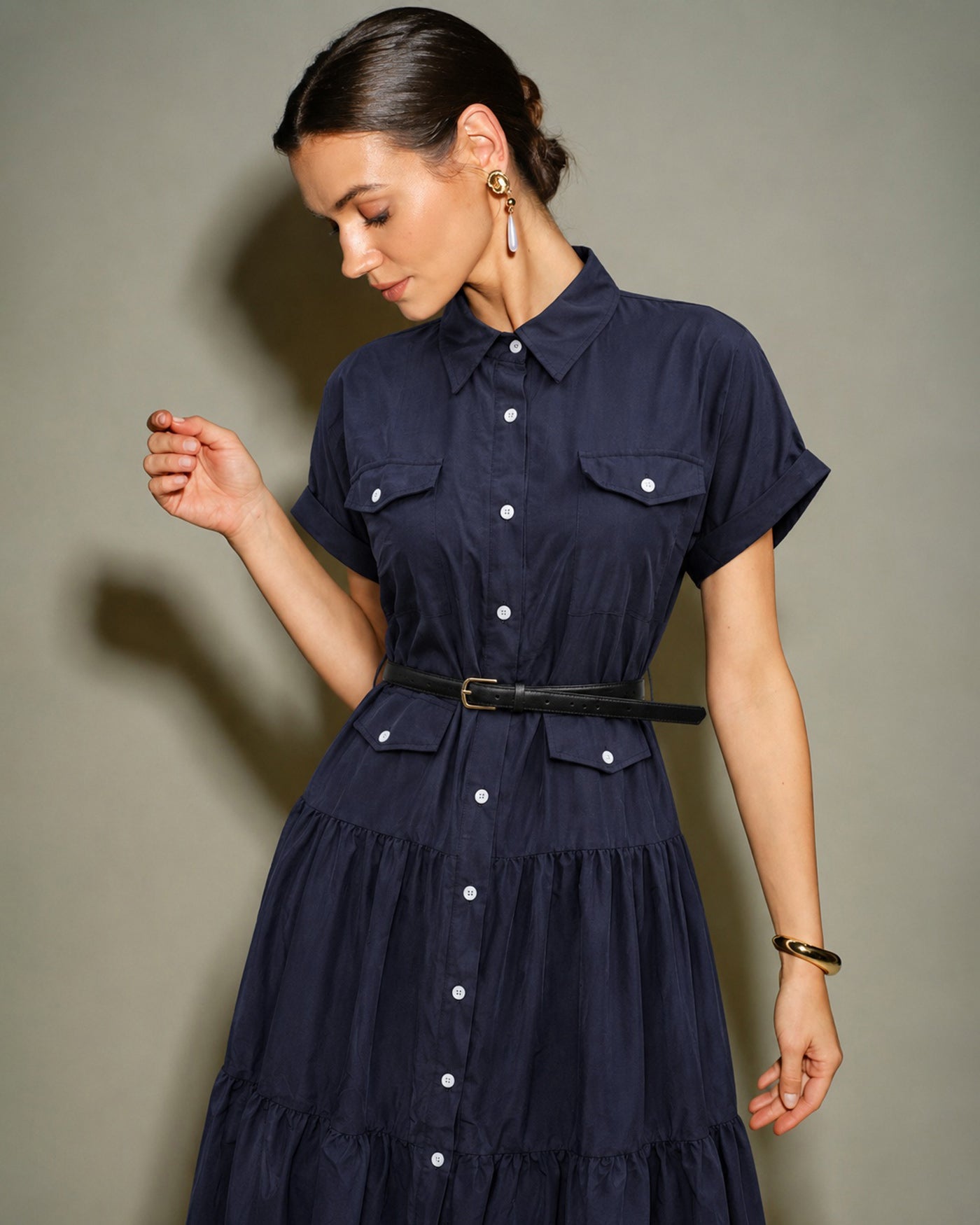 Blue Collar Pockets Button Tunic Midi Dress