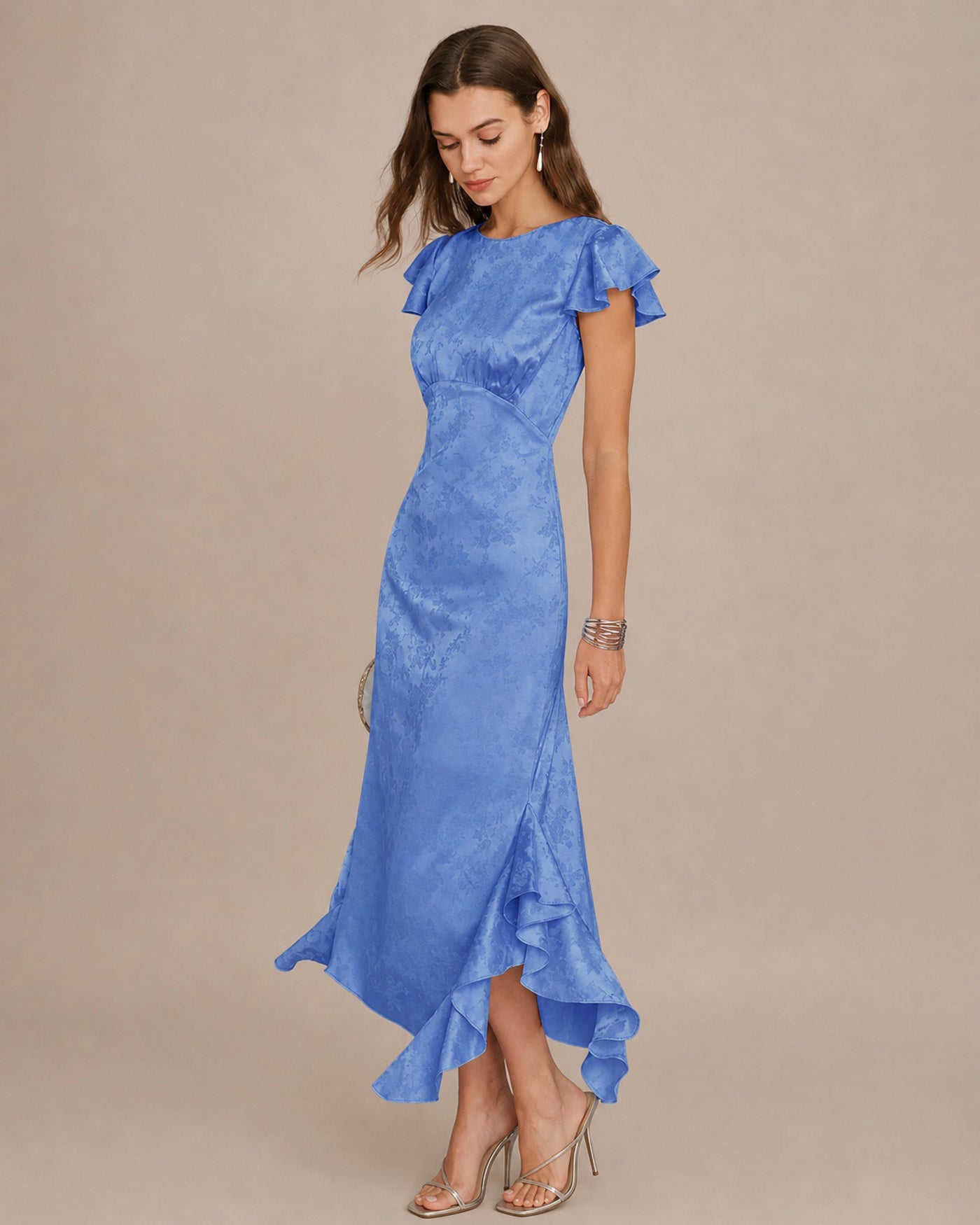 Blue Boat Neck Jacquard Ruffle Midi Dress
