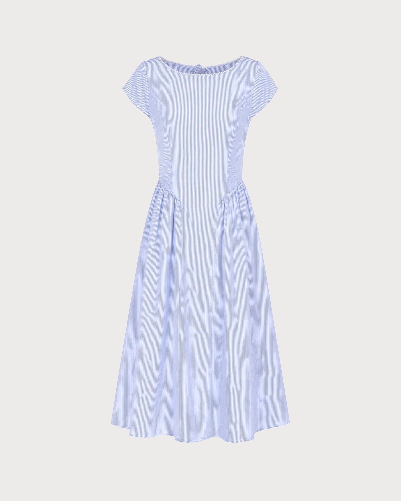 Blue Boat Neck Shirred Midi Dress