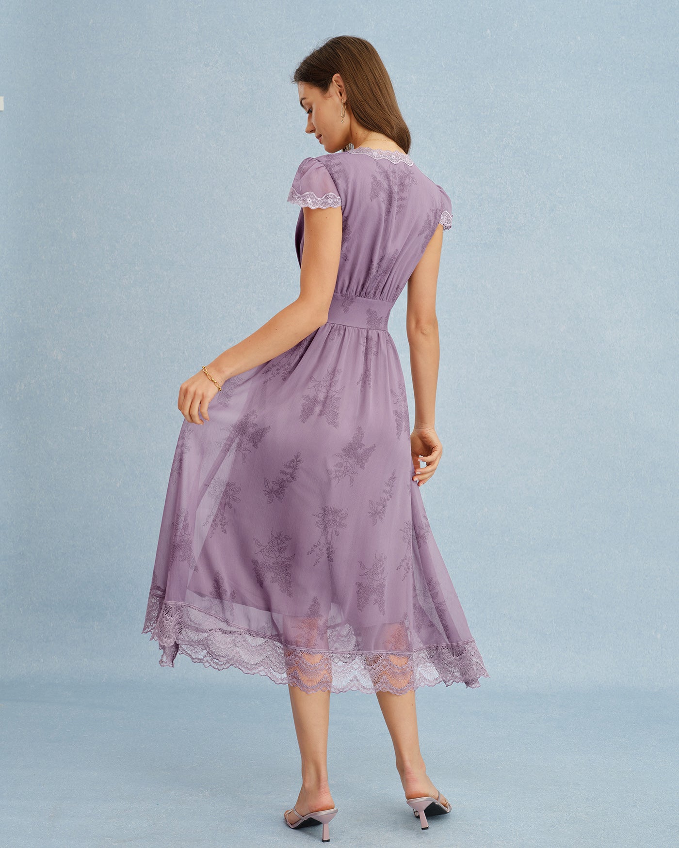 Purple V Neck Lace Splicing Midi Dress