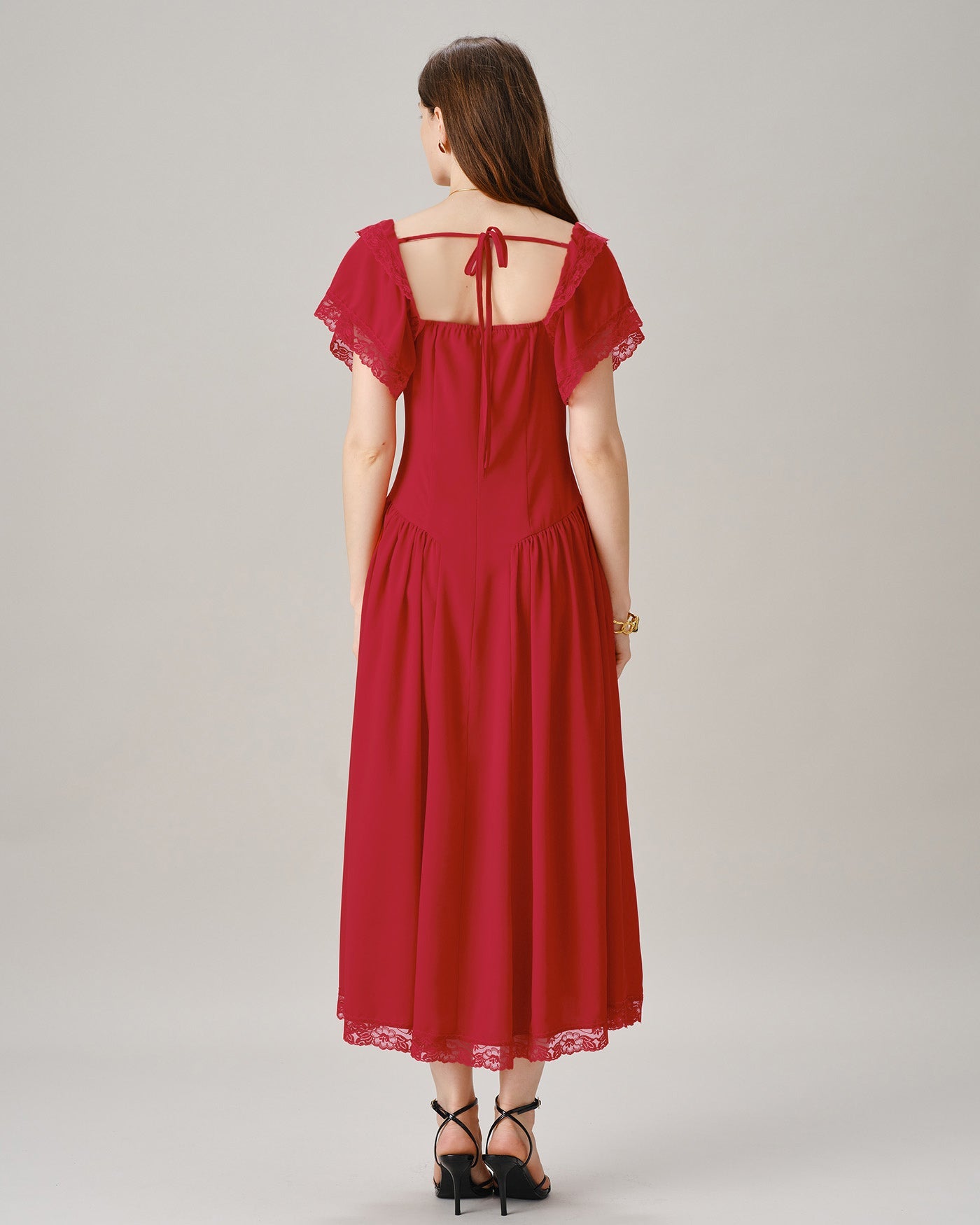 Red Sweetheart Neck Tie Lace Midi Dress