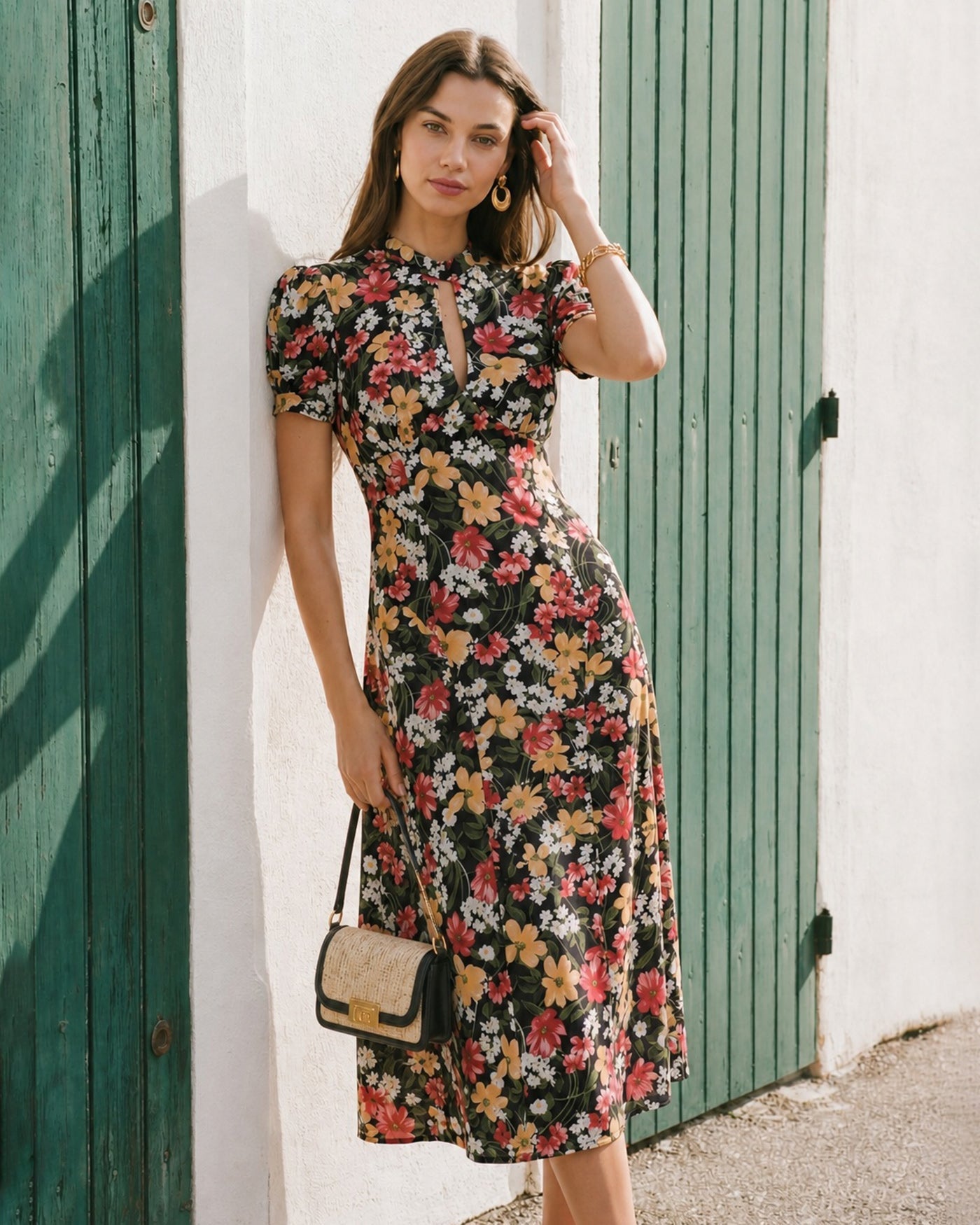 Black Turtle Puffed Sleeve Floral Midi Dress