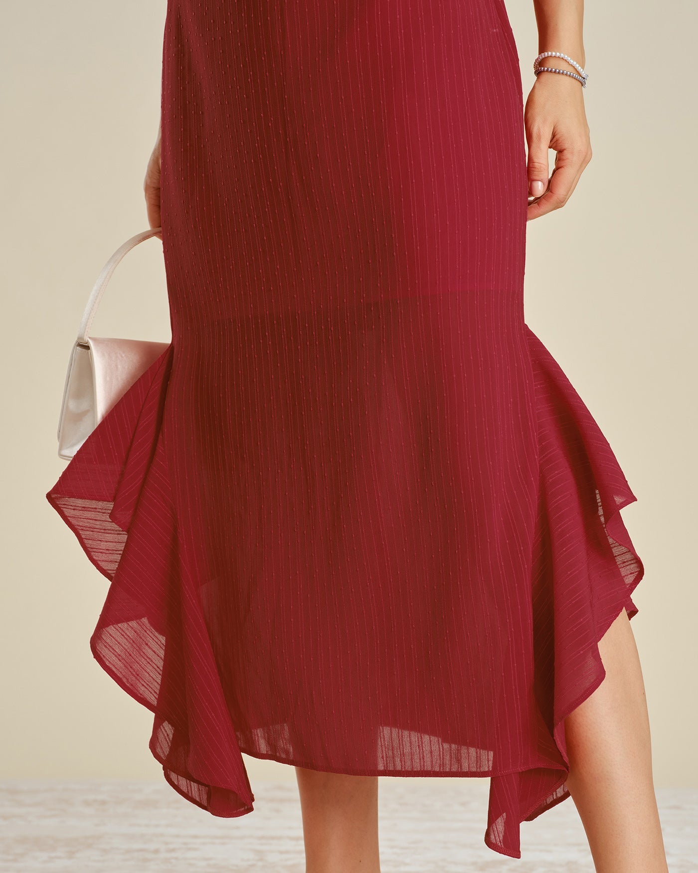 Red Solid Boat Neck Ruffle Midi Dress