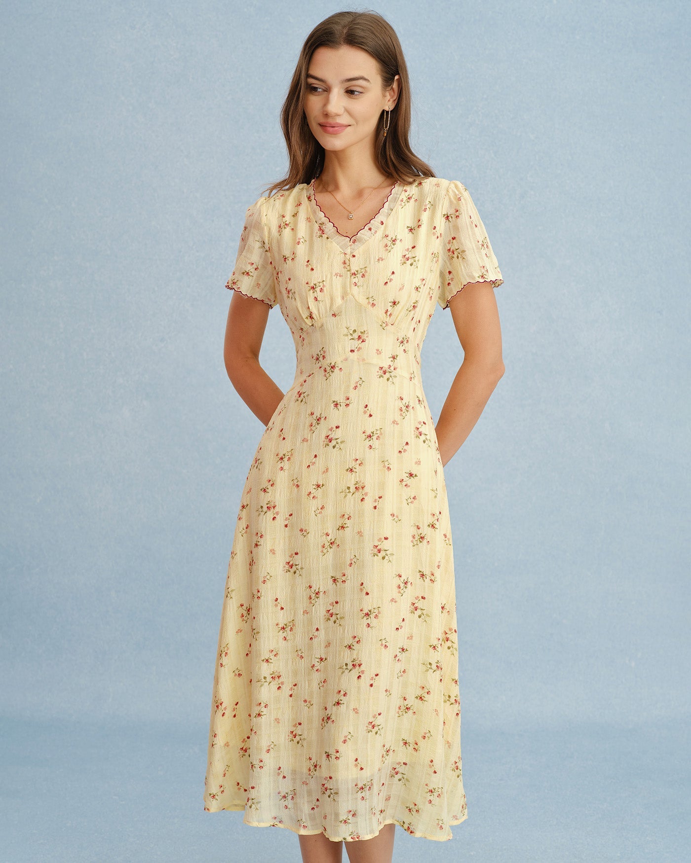Yellow V Neck Floral Tunic Midi Dress