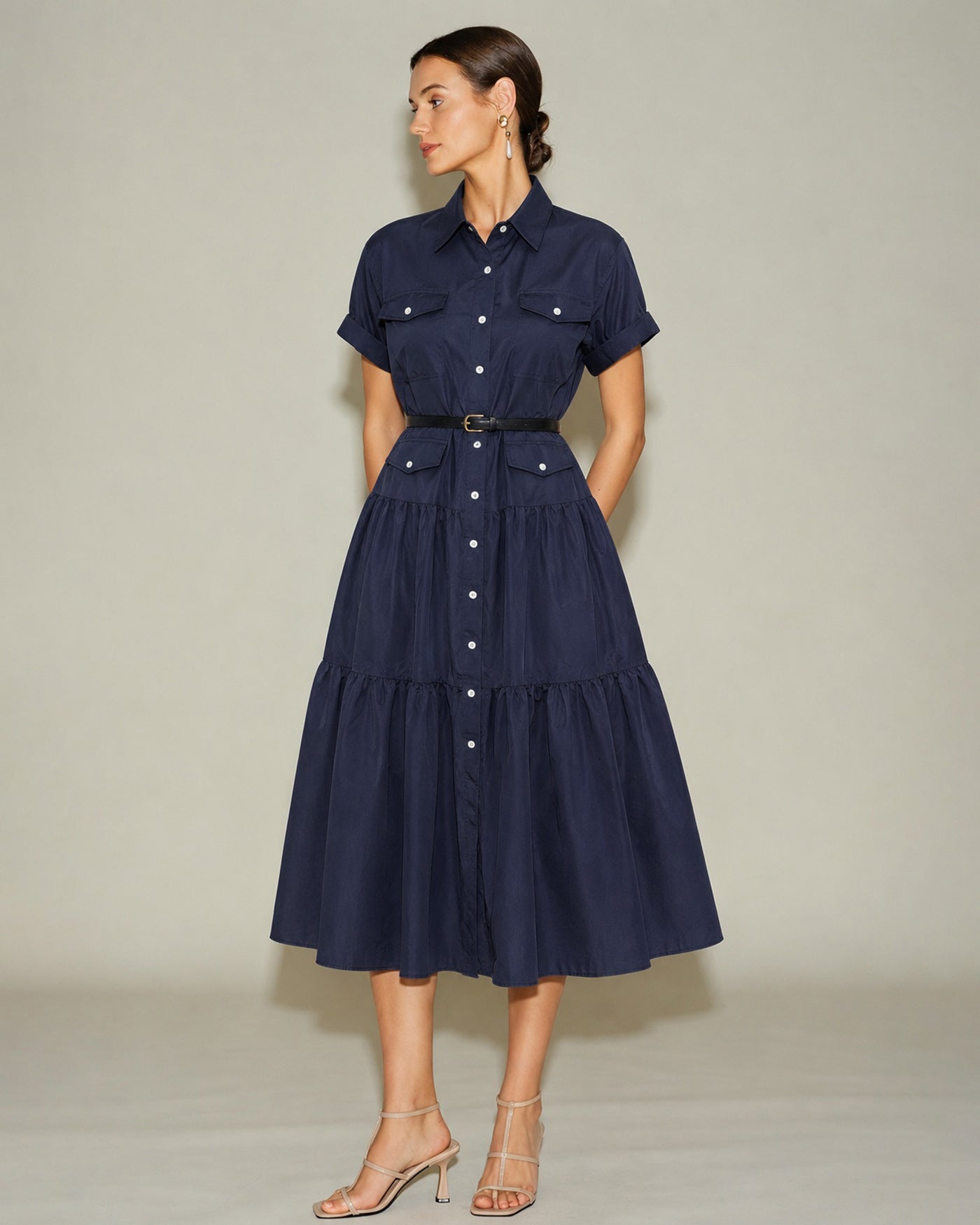 Blue Collar Pockets Button Tunic Midi Dress