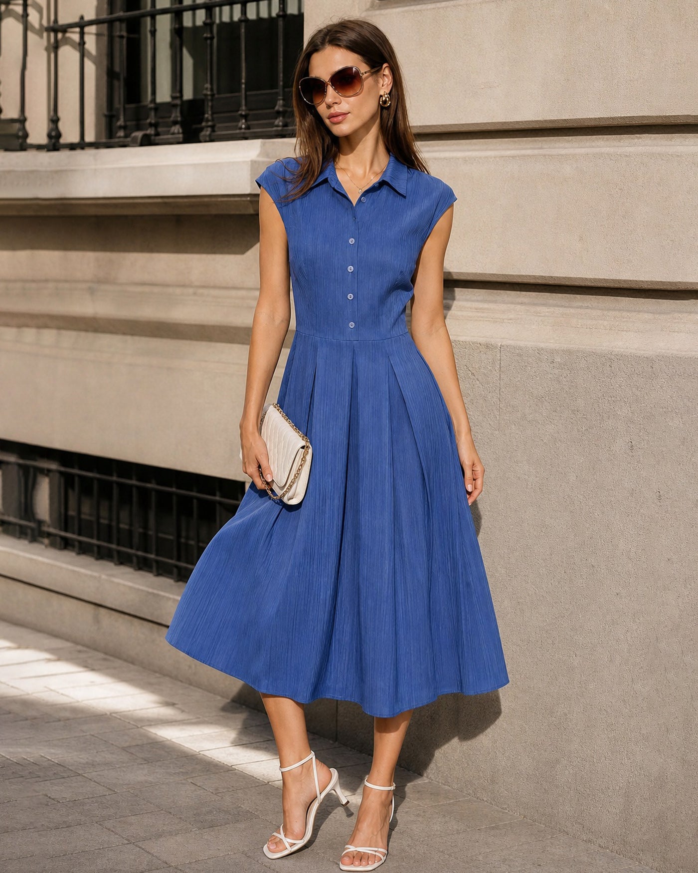 Blue Collar Button Button Midi Dress
