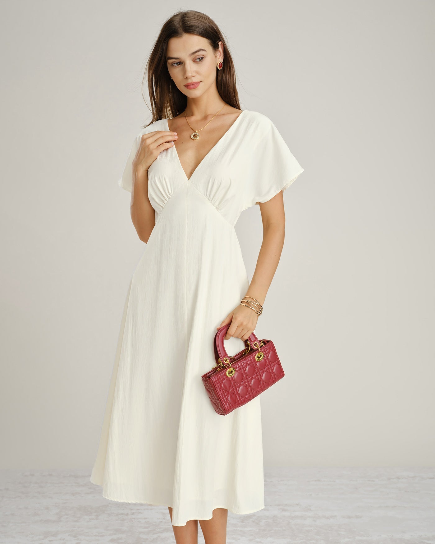 Apricot V Neck Cowl Sleeve Midi Dress