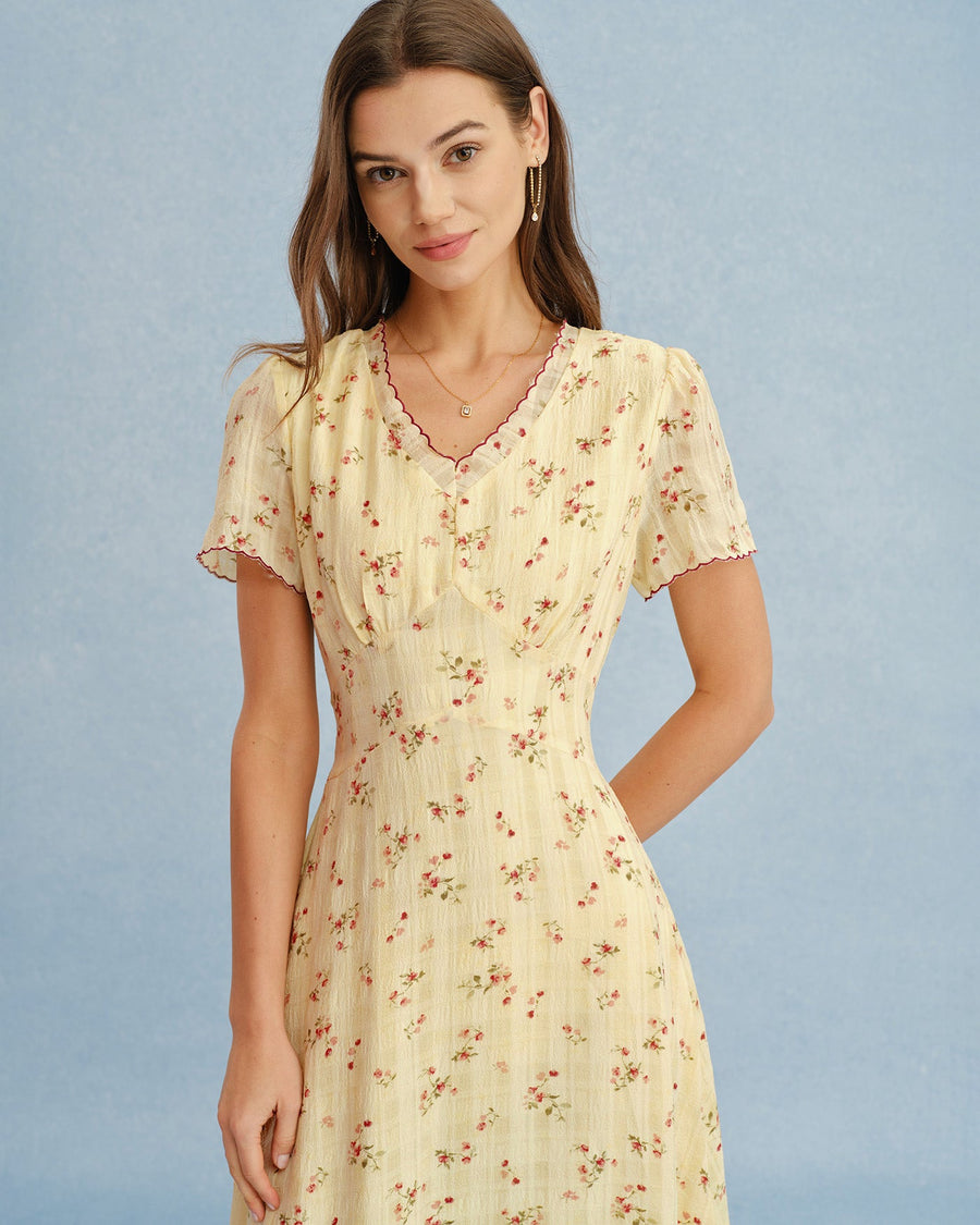 Yellow V Neck Floral Tunic Midi Dress