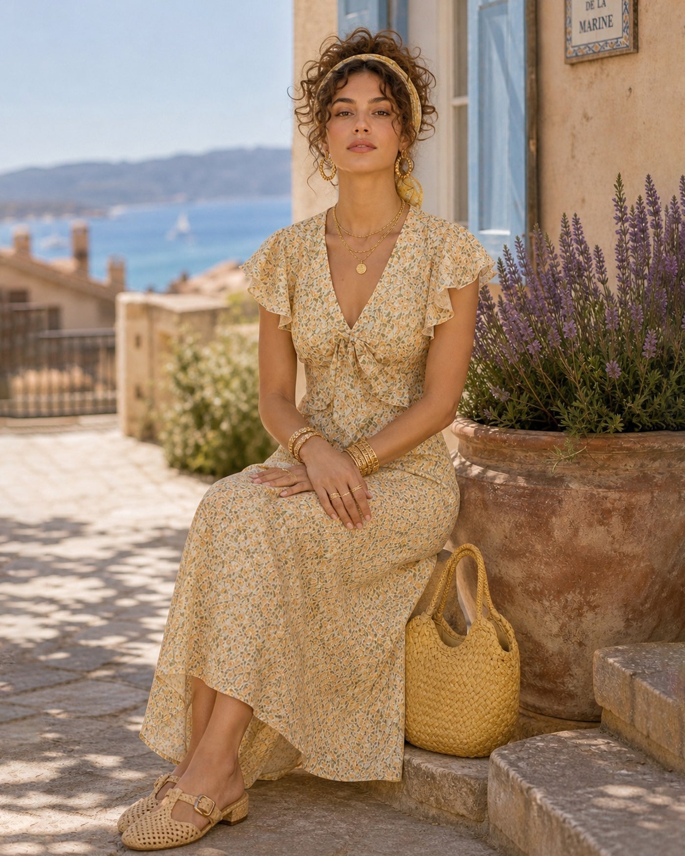Yellow V Neck Floral Ruffle Midi Dress