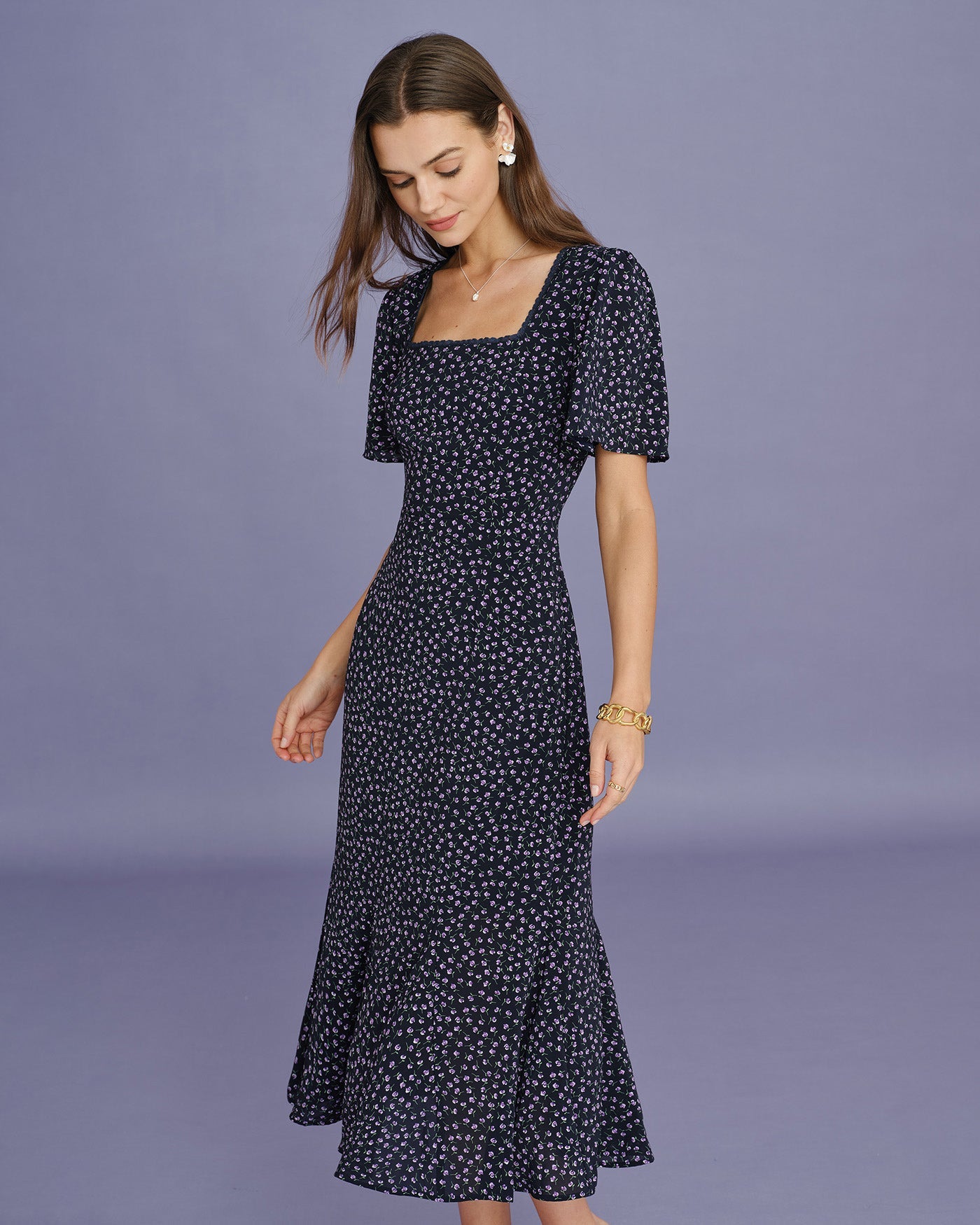 Purple Floral Butterfly Sleeve Midi Dress