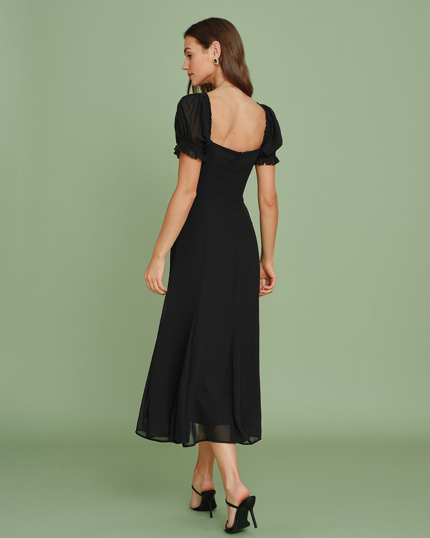 Black V Neck Puffed Sleeve Midi Dress