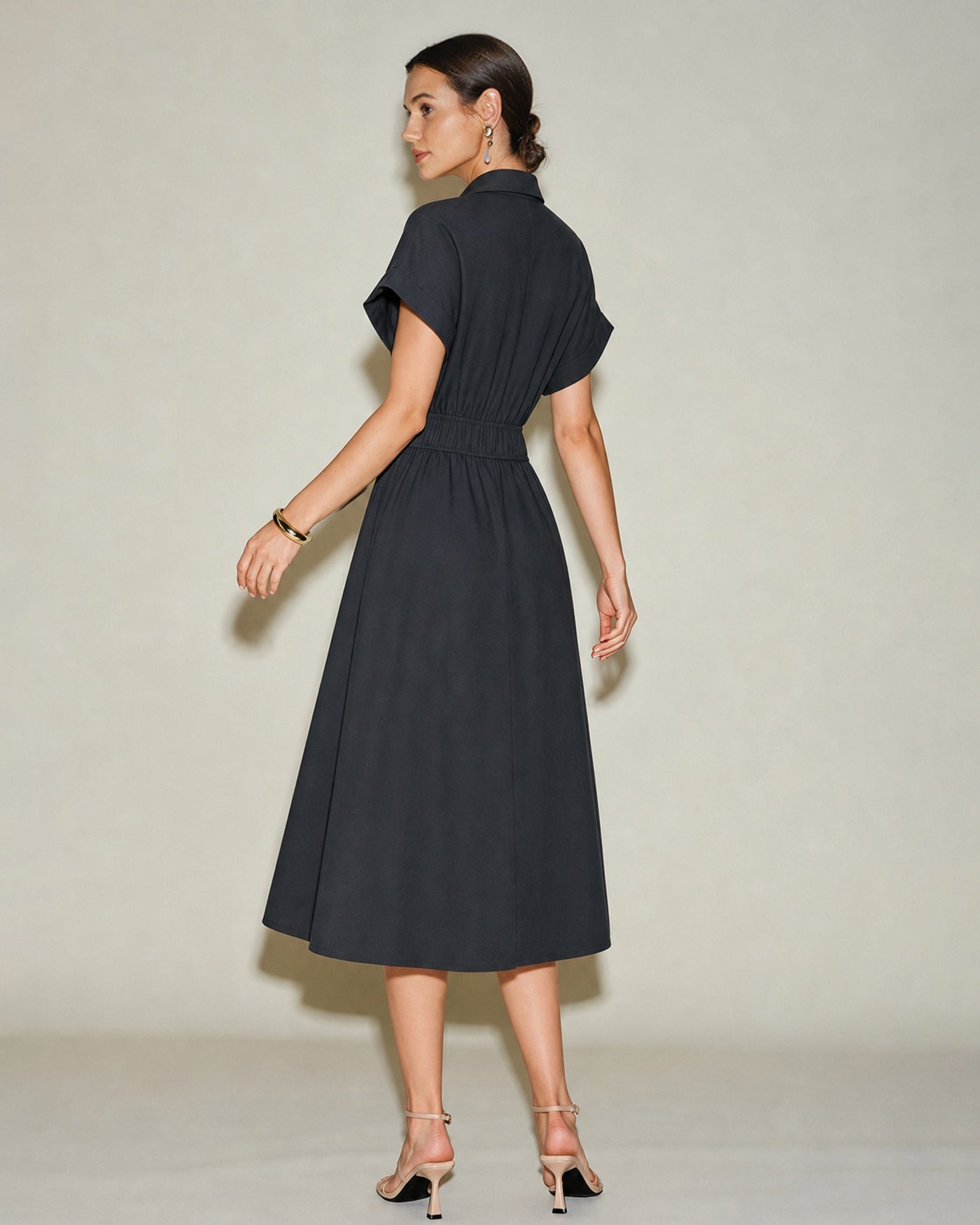 Black V Neck Drop Shoulder Midi Dress