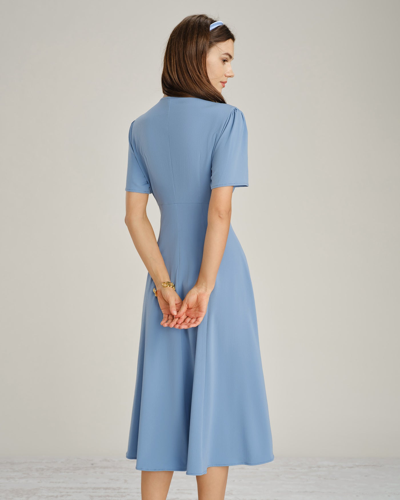 Blue V Neck Ruched Button Midi Dress
