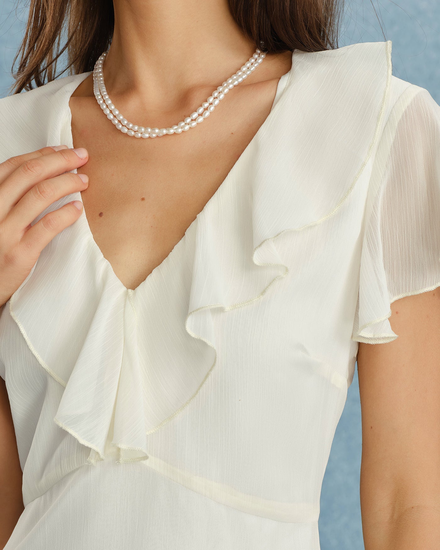 Apricot V Neck Ruffle Chiffon Midi Dress