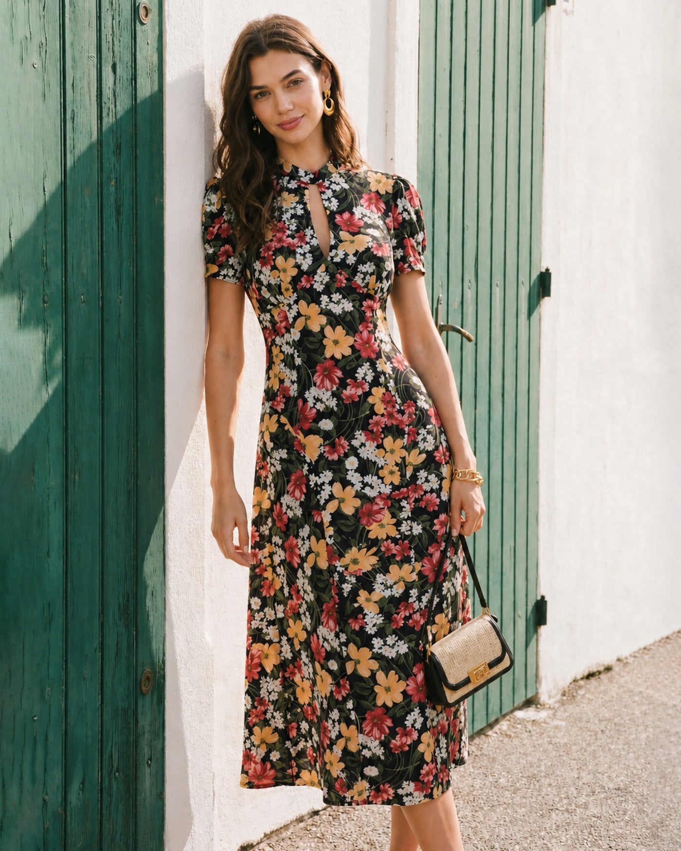 Black Turtle Puffed Sleeve Floral Midi Dress
