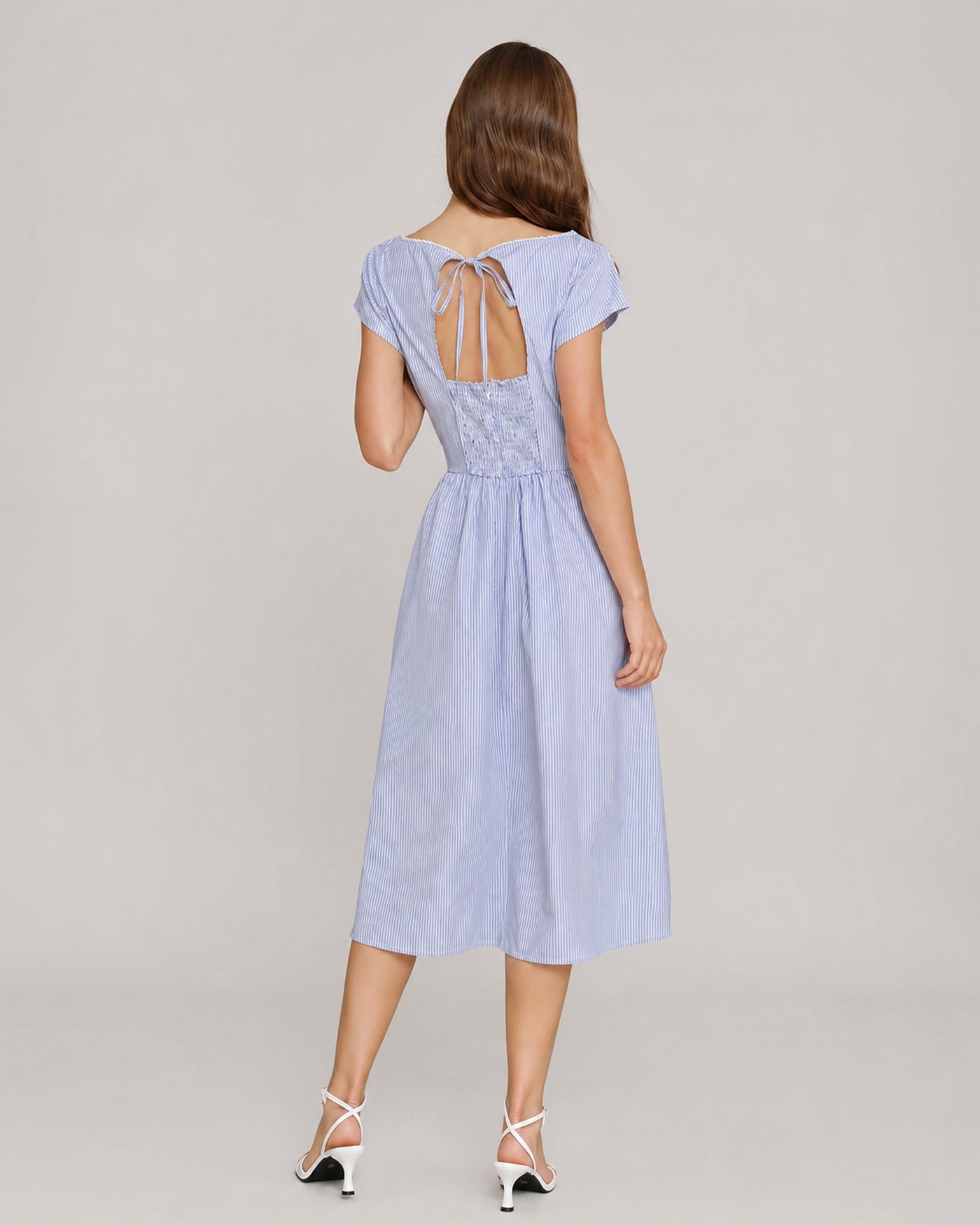 Blue Boat Neck Shirred Midi Dress