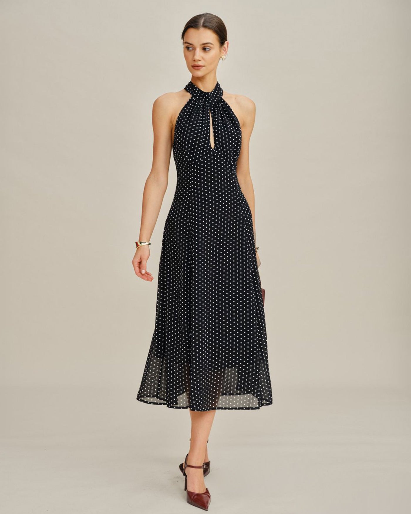 Black Polka Dot Halter Midi Dress