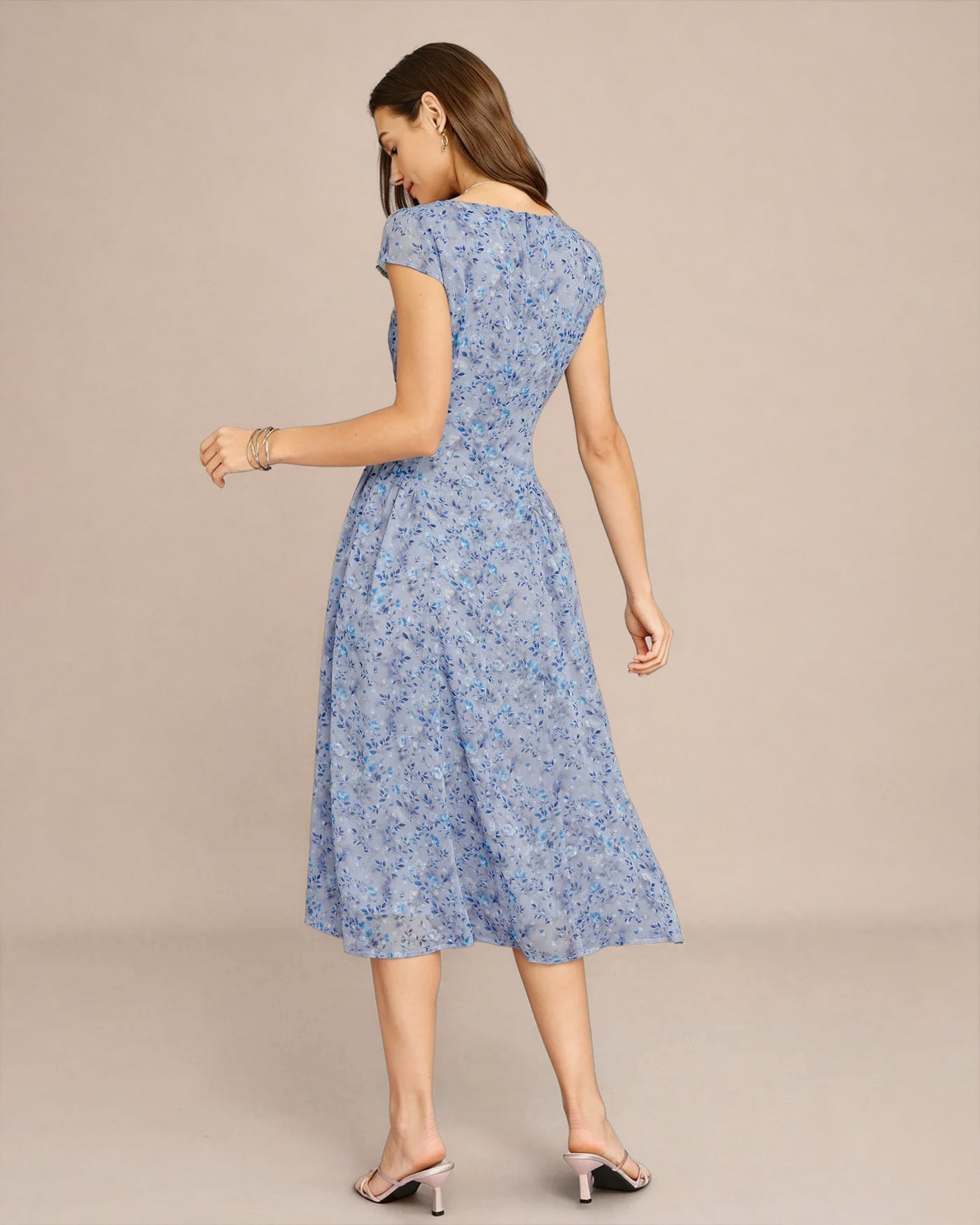 Blue U Neck Button Floral Midi Dress