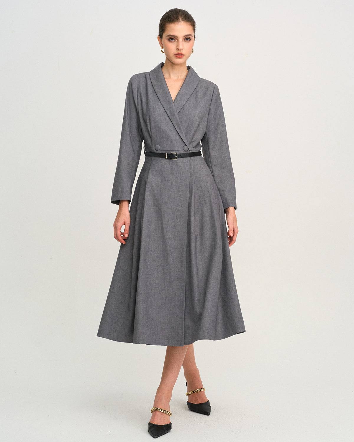 Grey Button A-Line Midi Dress