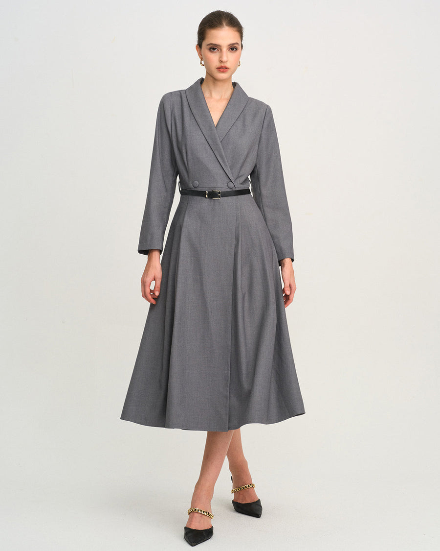 Grey Button A-Line Midi Dress