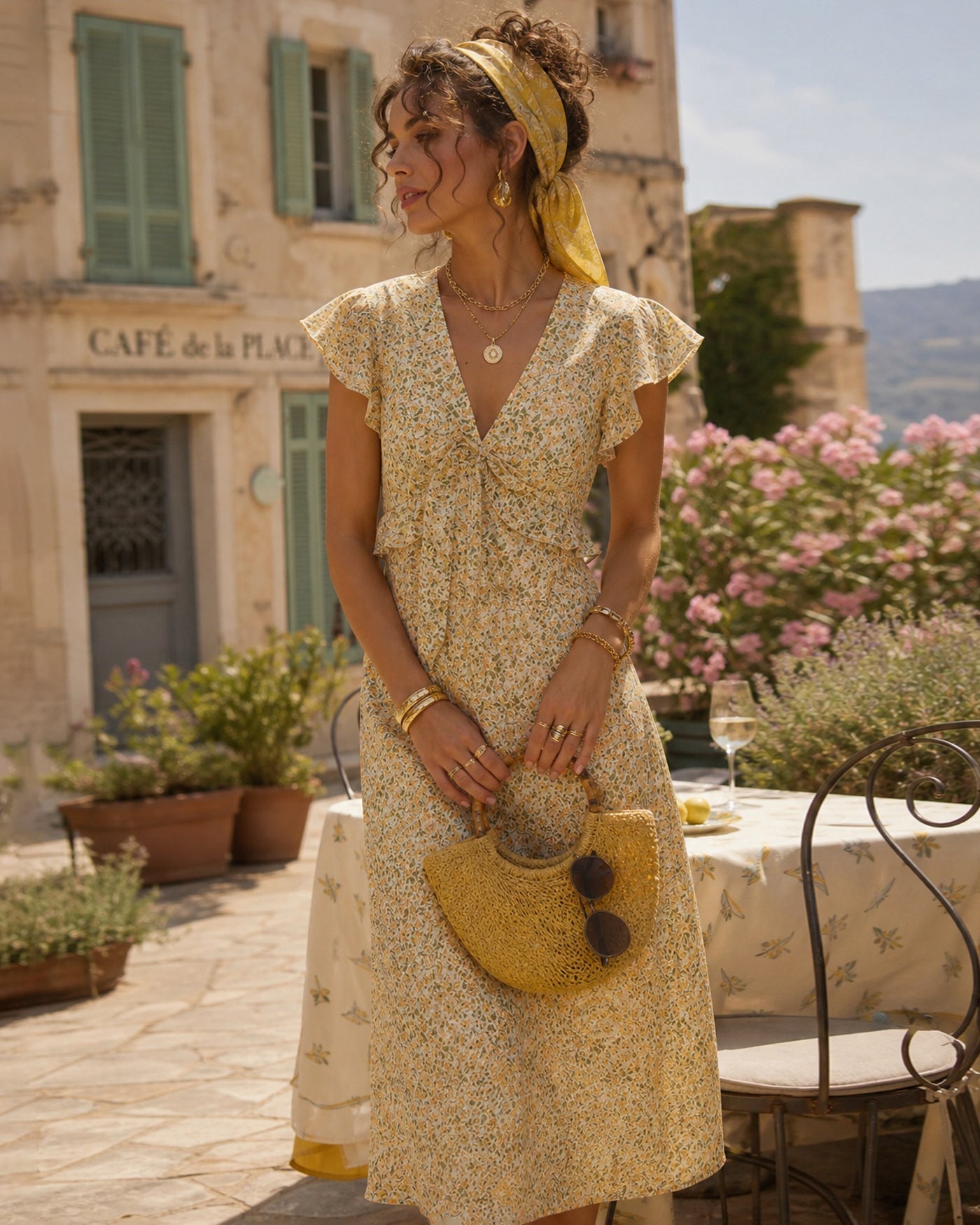 Yellow V Neck Floral Ruffle Midi Dress