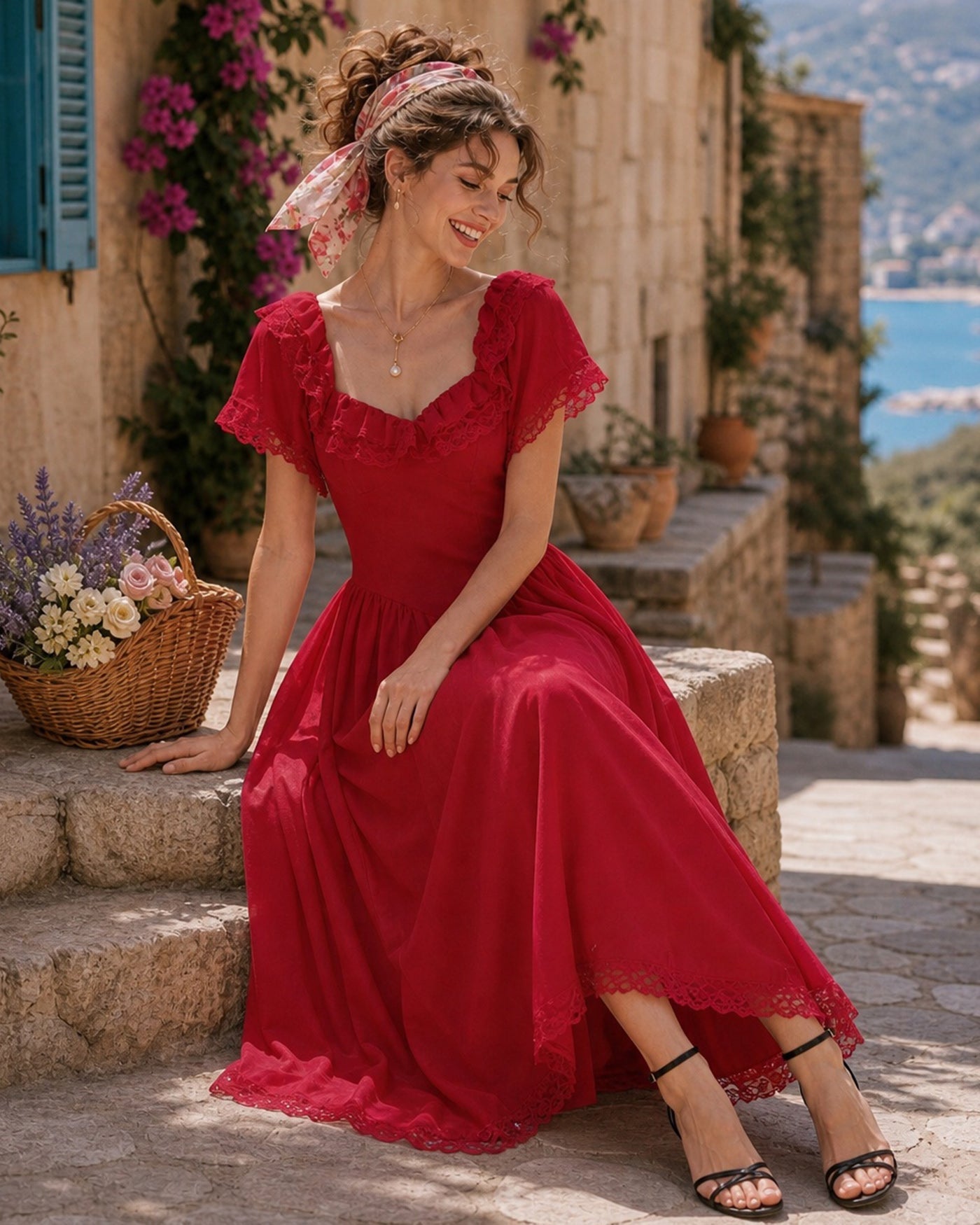 Red Sweetheart Neck Tie Lace Midi Dress