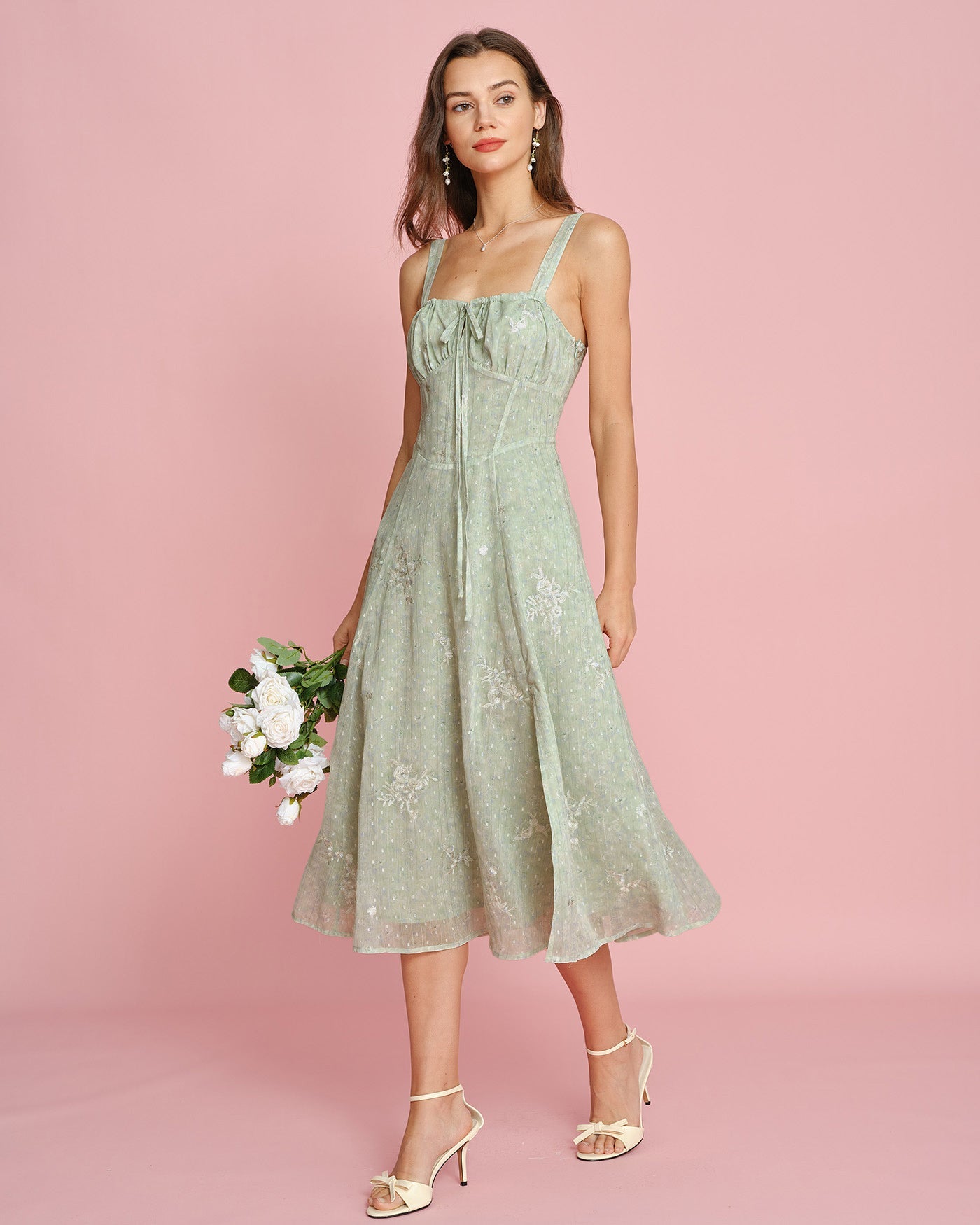 Green Jacquard Slip A-Line Midi Dress