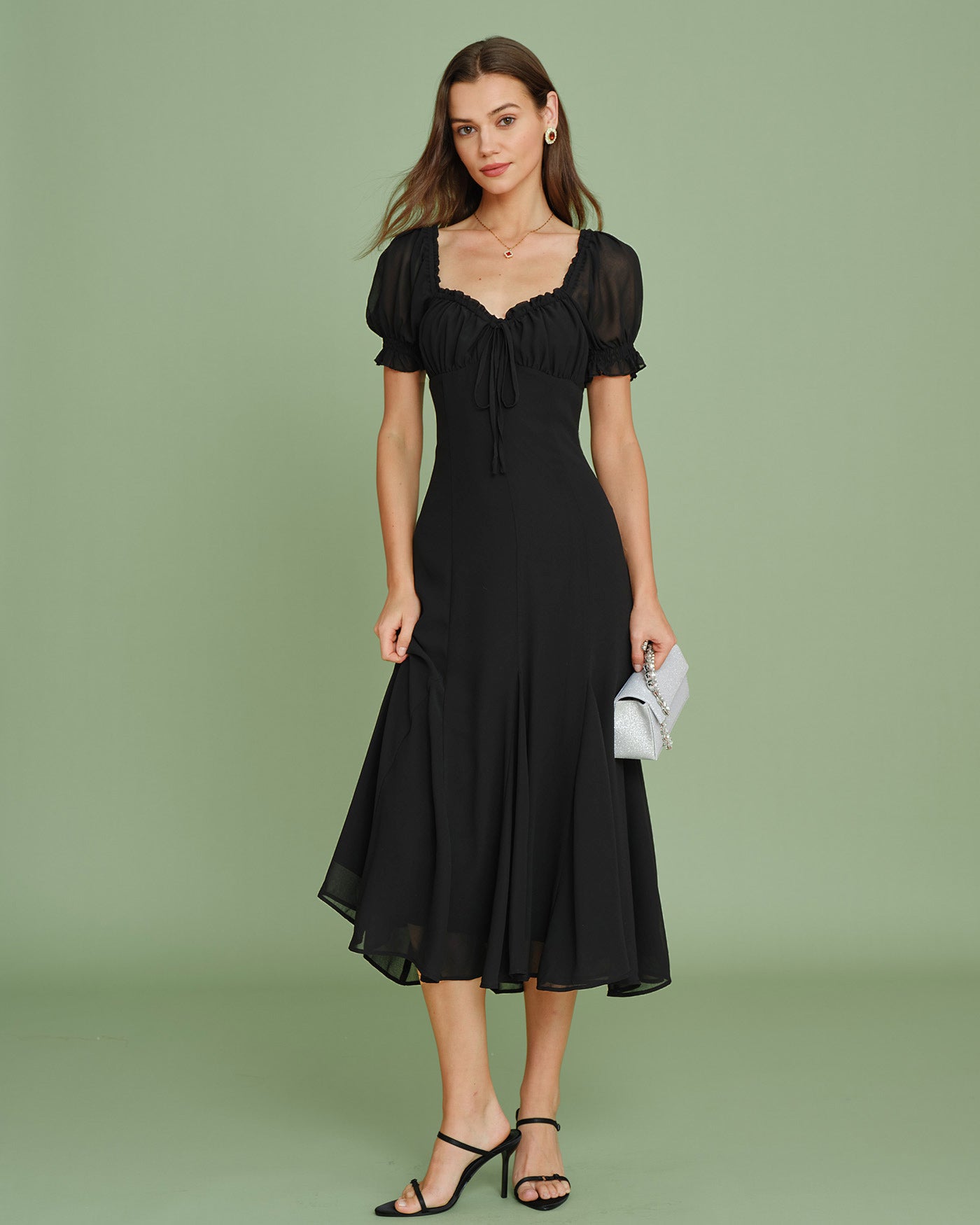 Black V Neck Puffed Sleeve Midi Dress