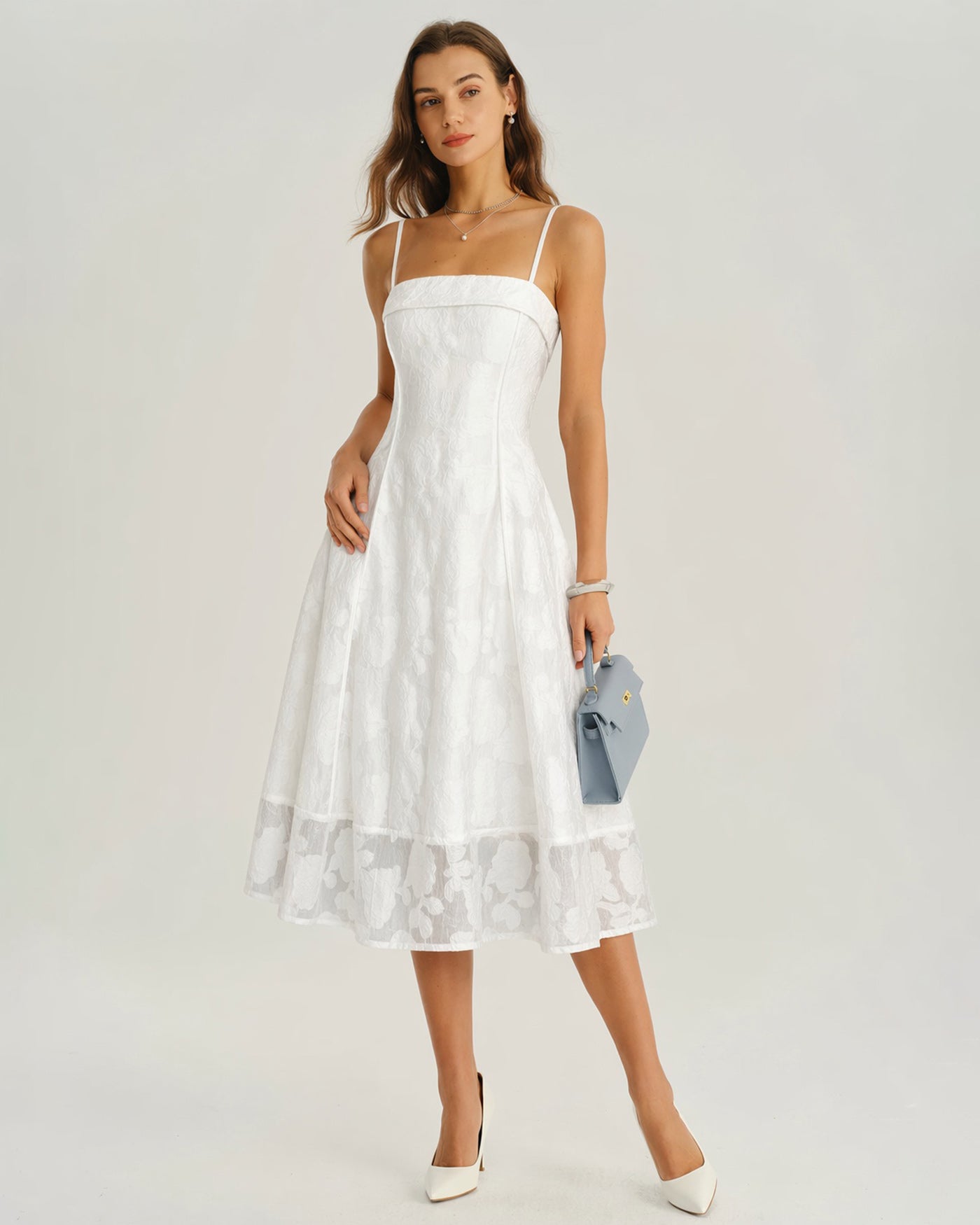 White Square Neck Jacquard Slip Midi Dress