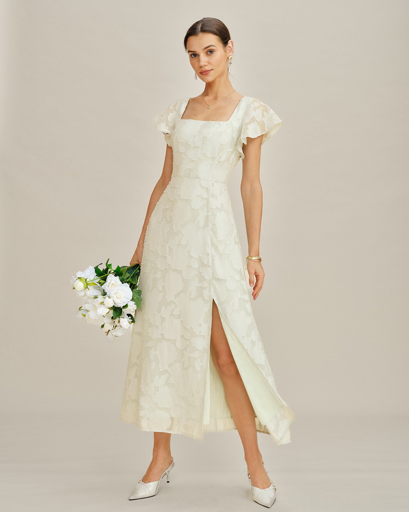 Beige Square Neck Jacquard Midi Dress