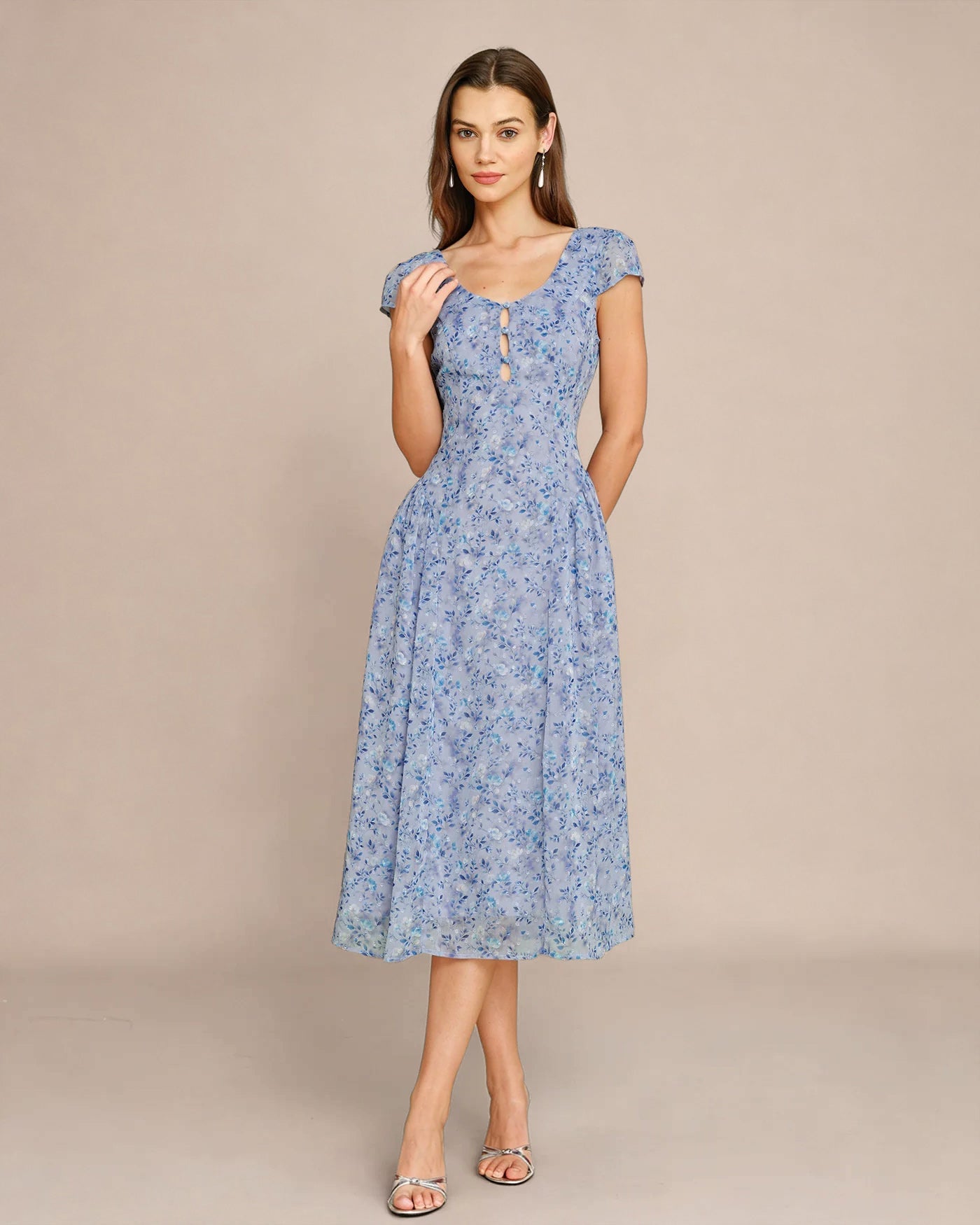 Blue U Neck Button Floral Midi Dress