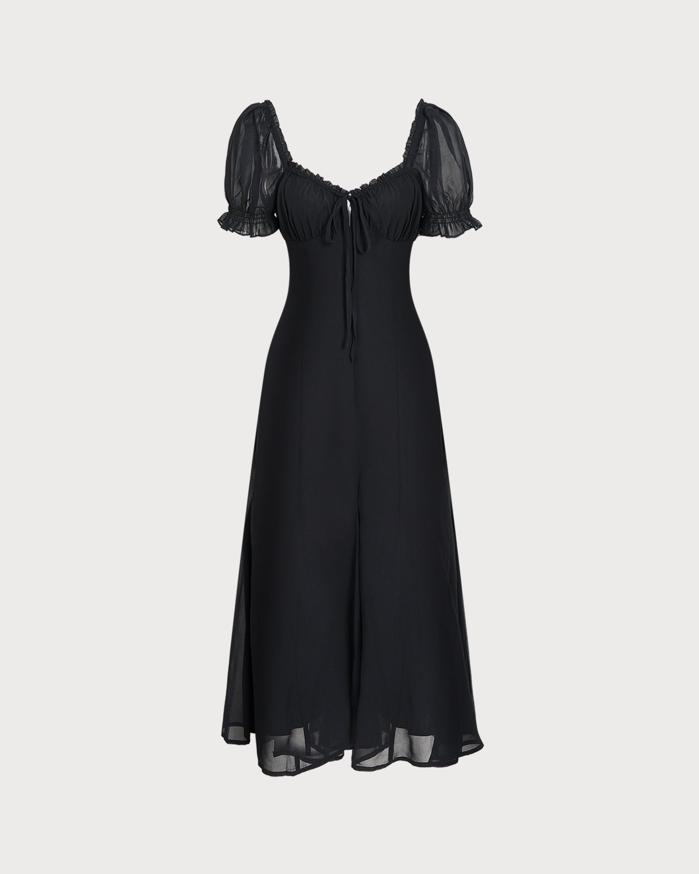 Black V Neck Puffed Sleeve Midi Dress