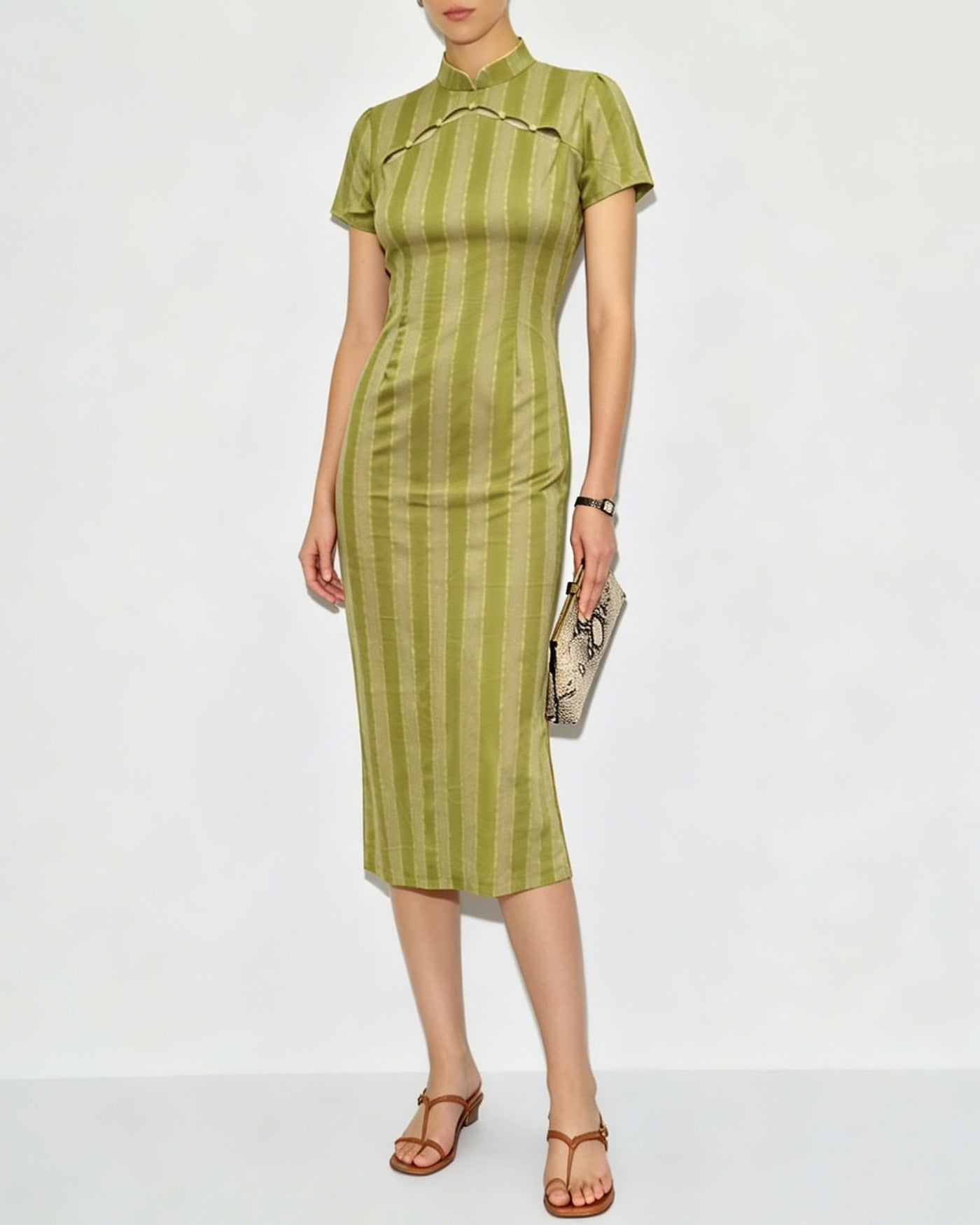 Green Mandarin Collar Tunic Midi Dress