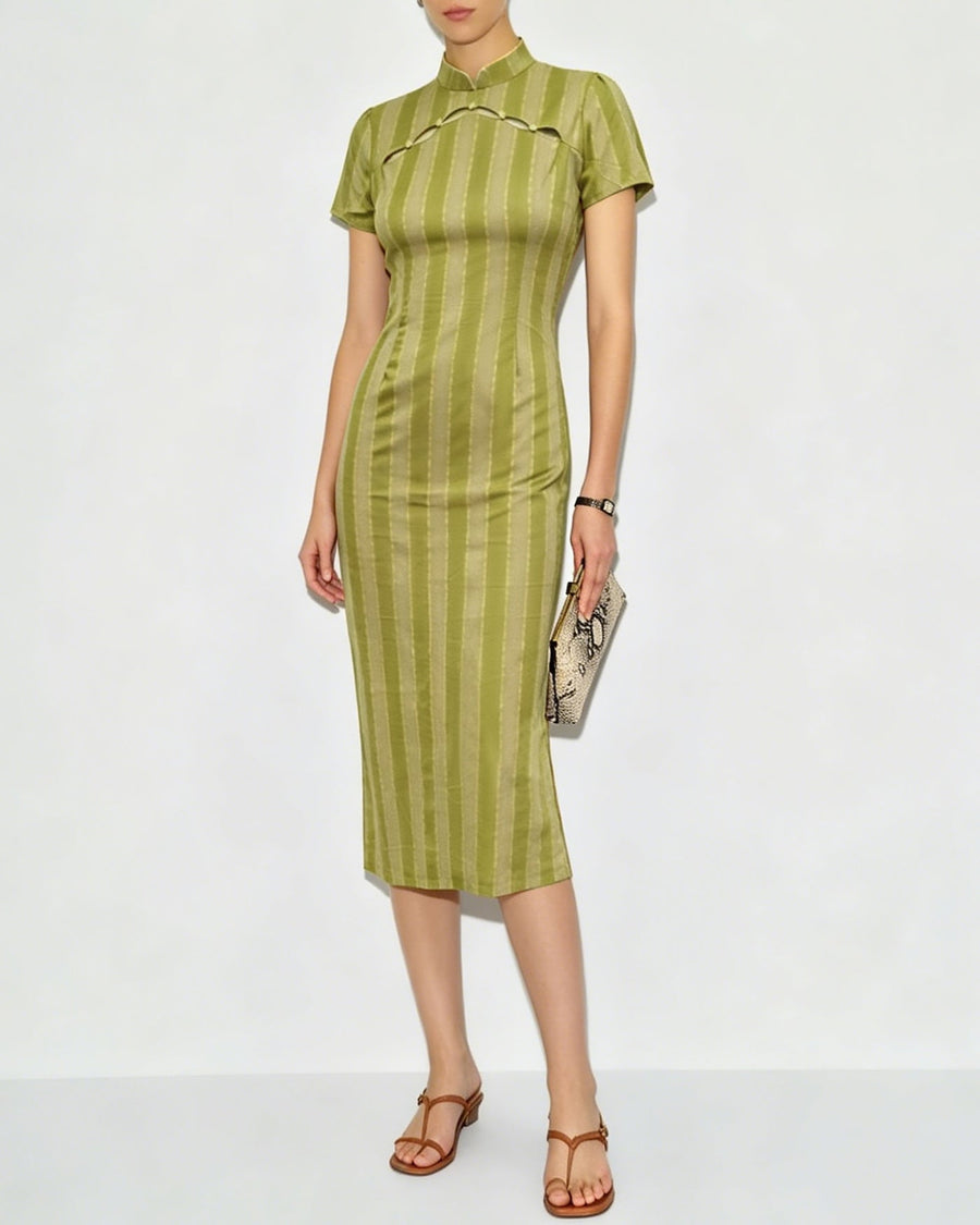 Green Mandarin Collar Tunic Midi Dress