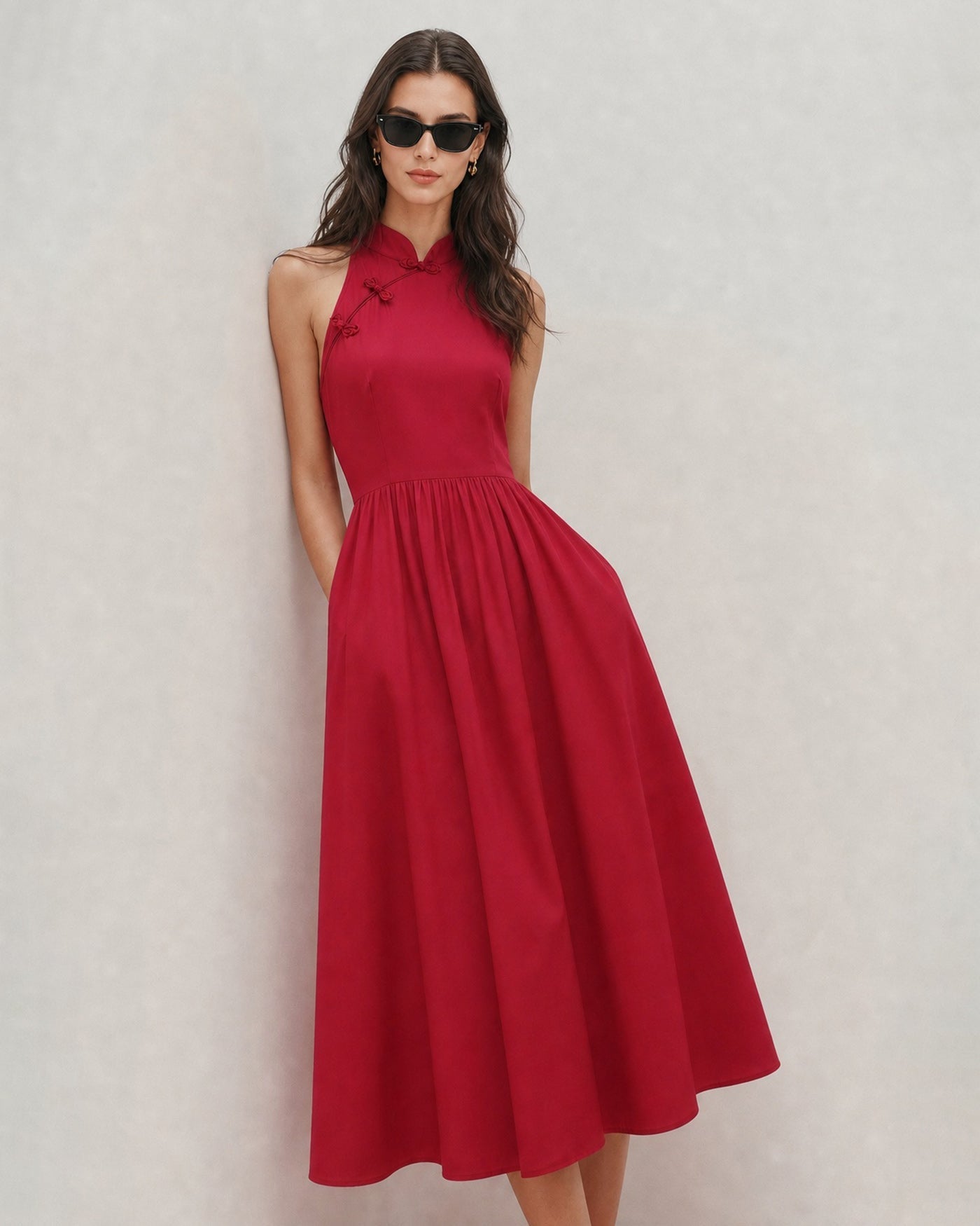 Red Mandarin Collar Pockets Midi Dress