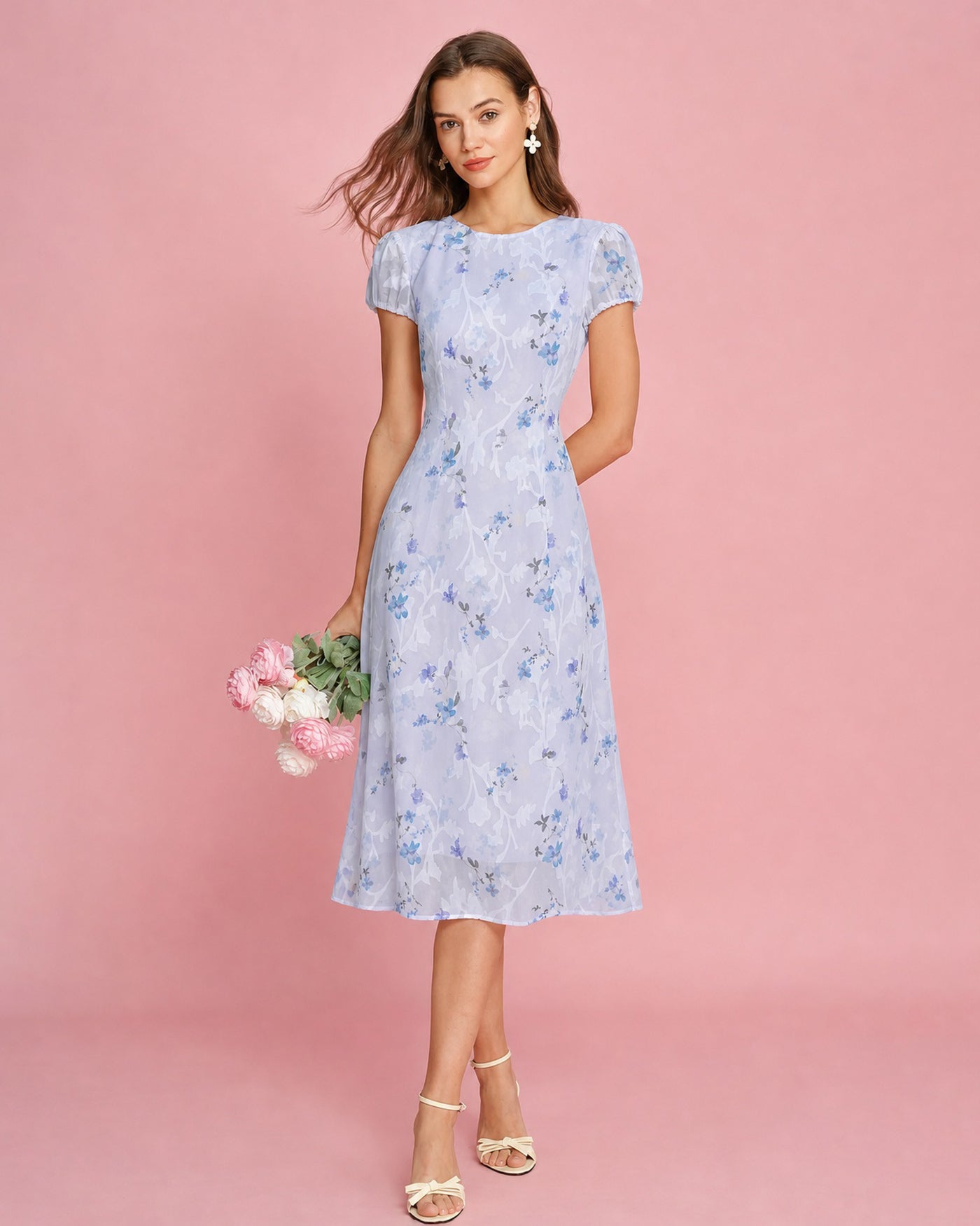 Purple Puffed Sleeve Jacquard Midi Dress