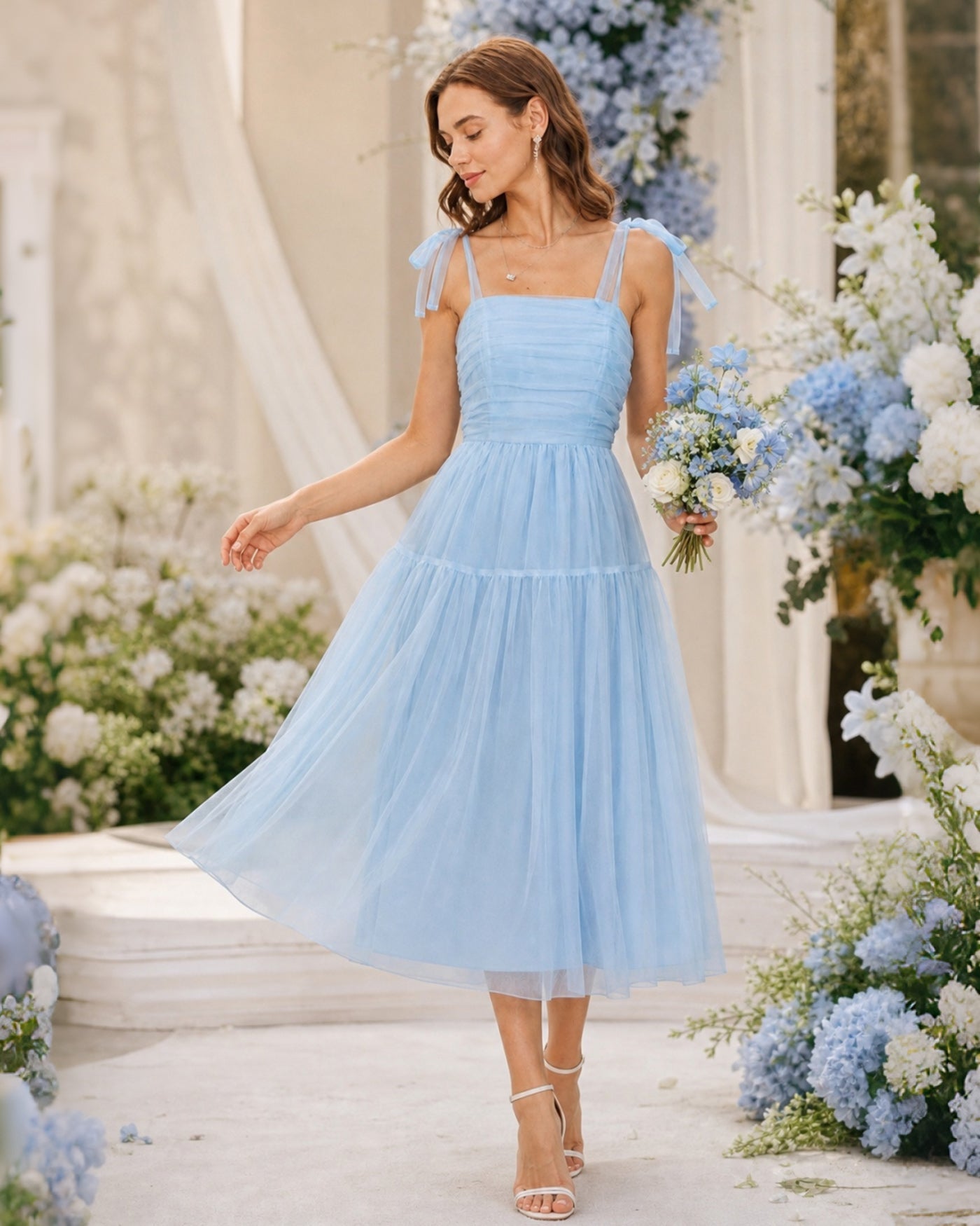 Blue Square Neck Mesh Slip Midi Dress