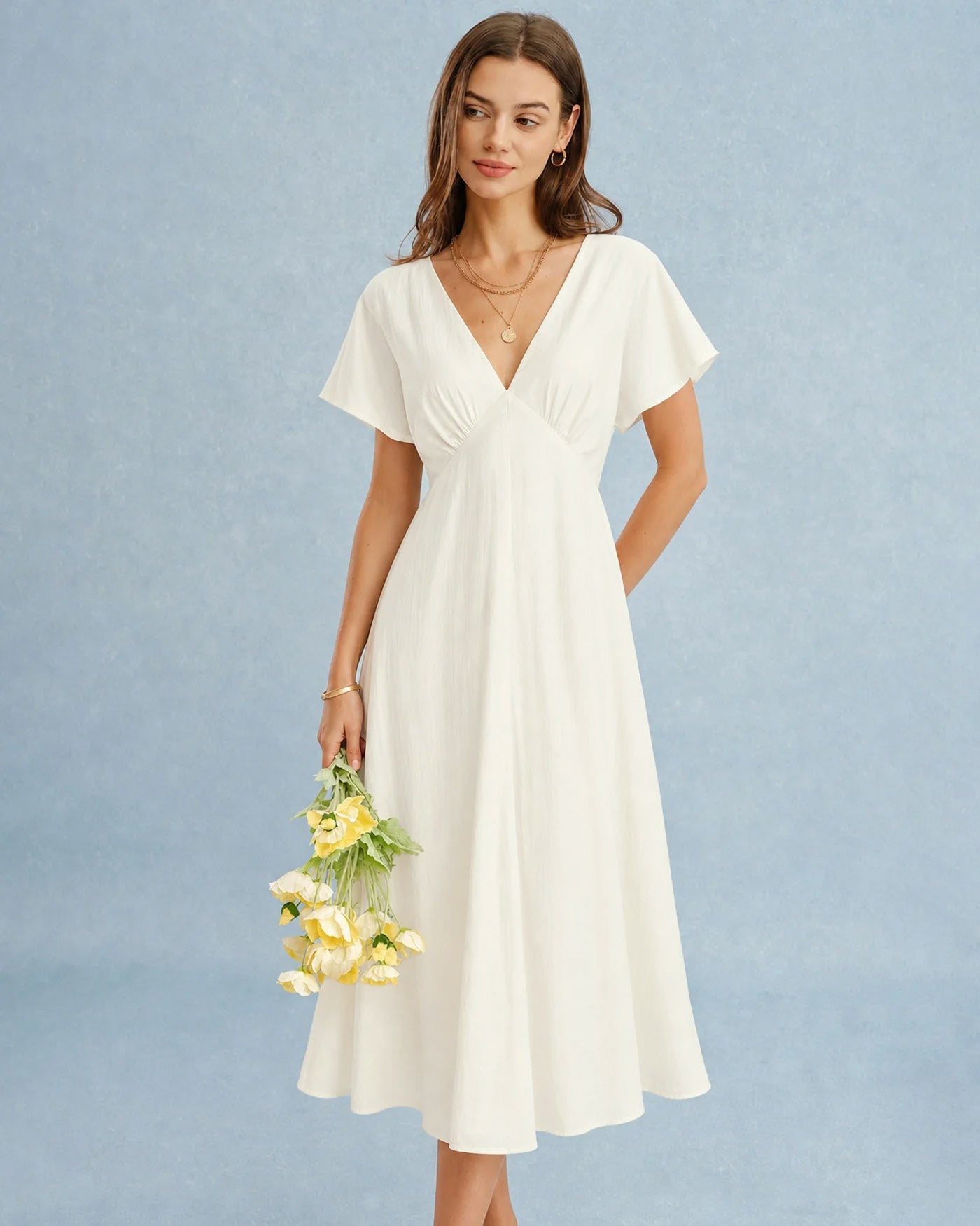 Apricot V Neck Cowl Sleeve Midi Dress