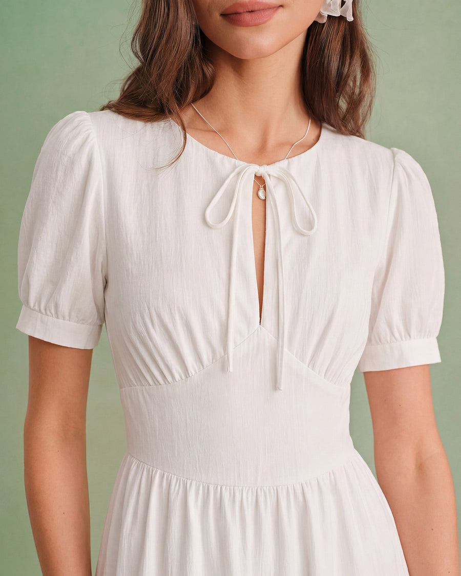 White Puffed Sleeve A-Line Midi Dress