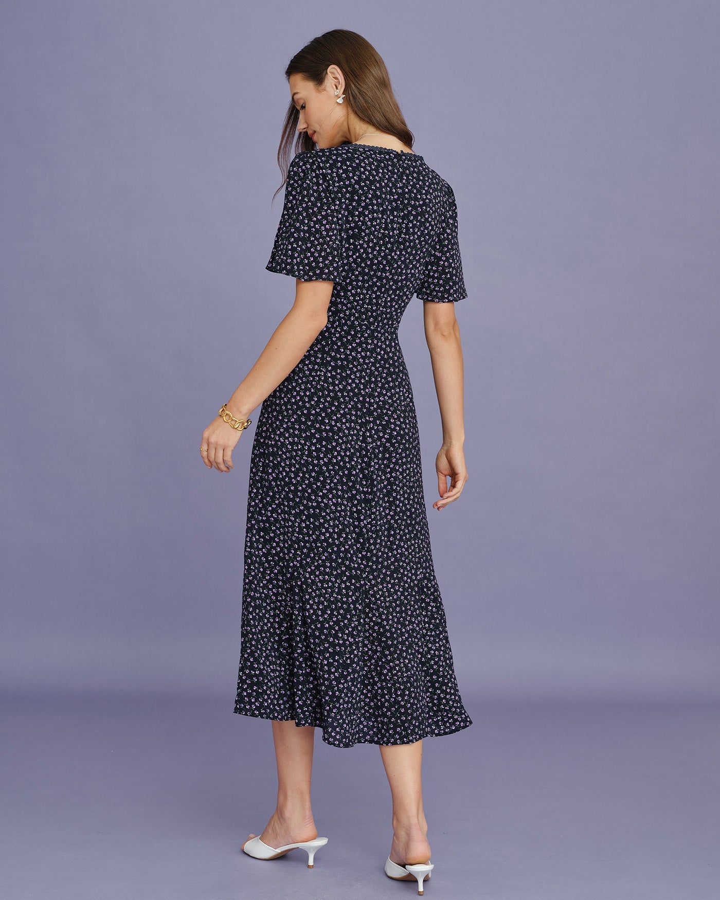 Purple Floral Butterfly Sleeve Midi Dress