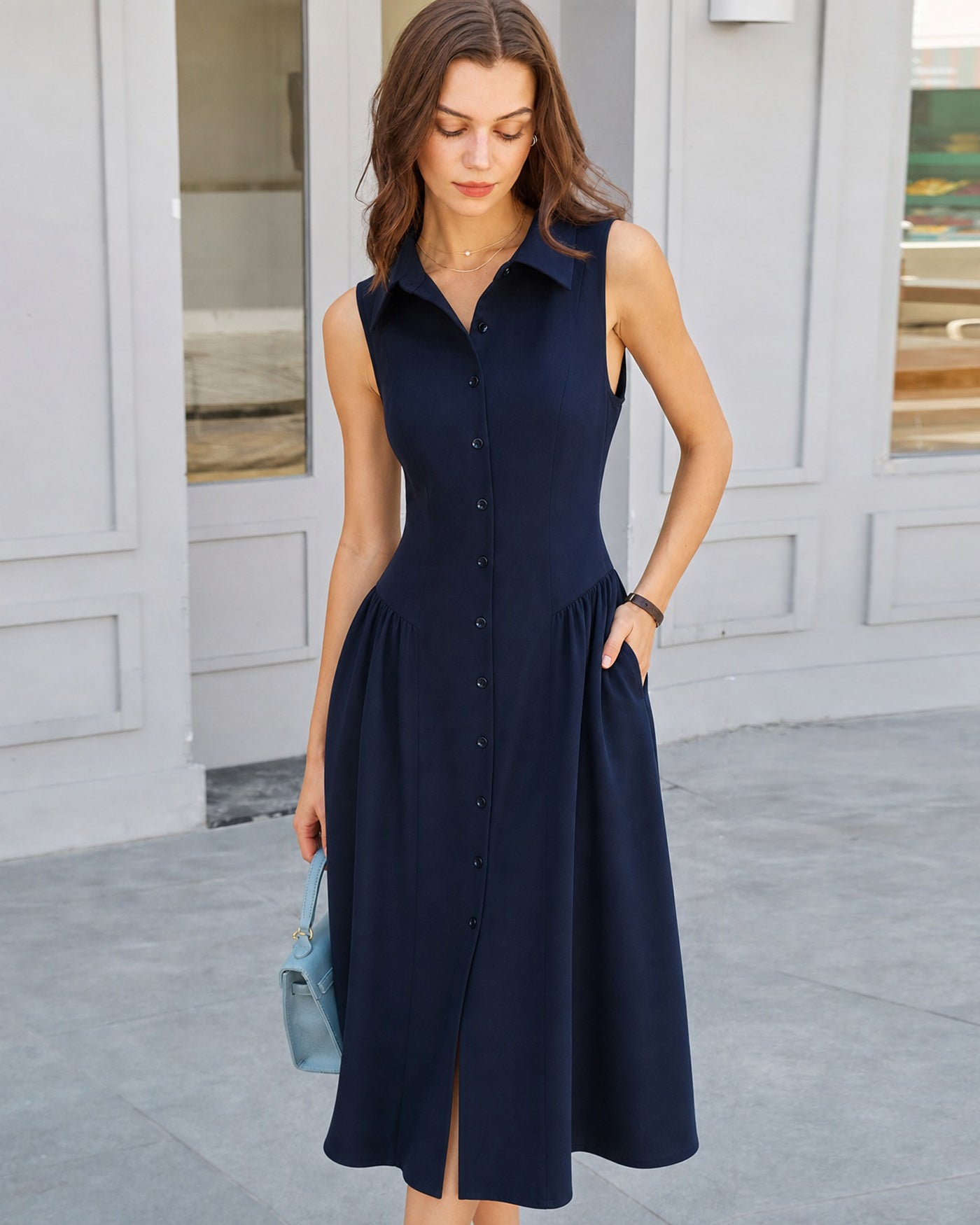 Blue Collar Button Tunic Midi Dress