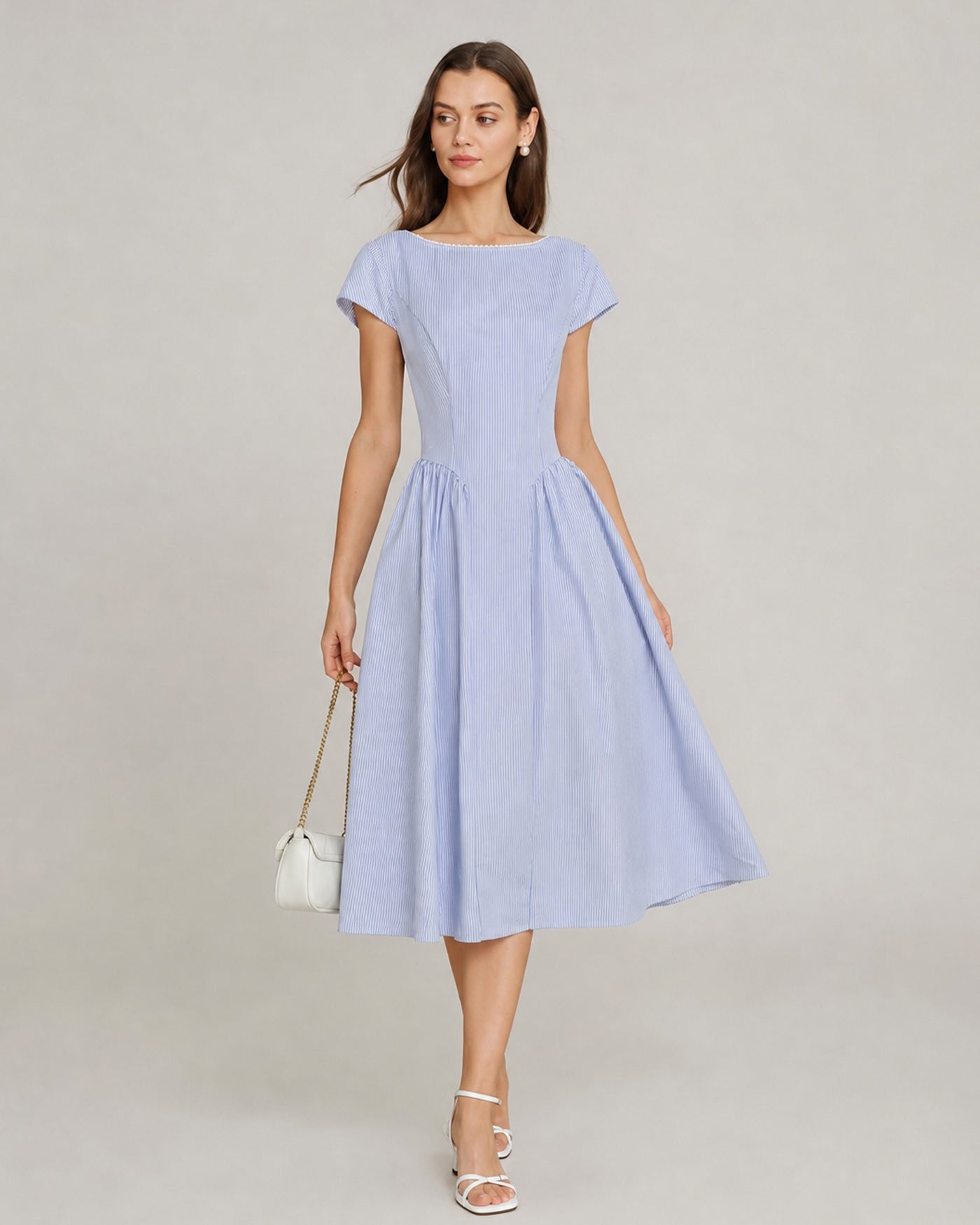 Blue Boat Neck Shirred Midi Dress