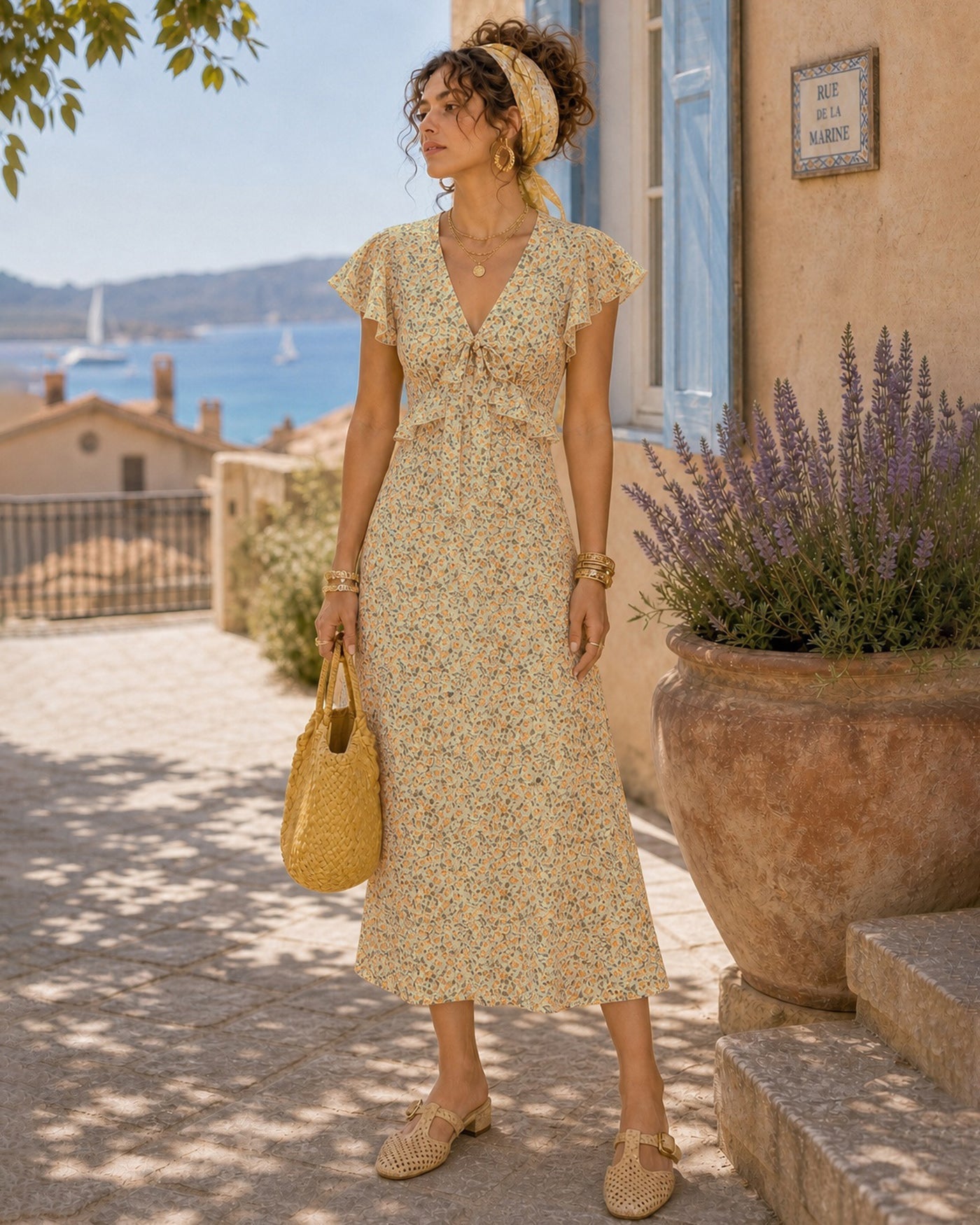 Yellow V Neck Floral Ruffle Midi Dress